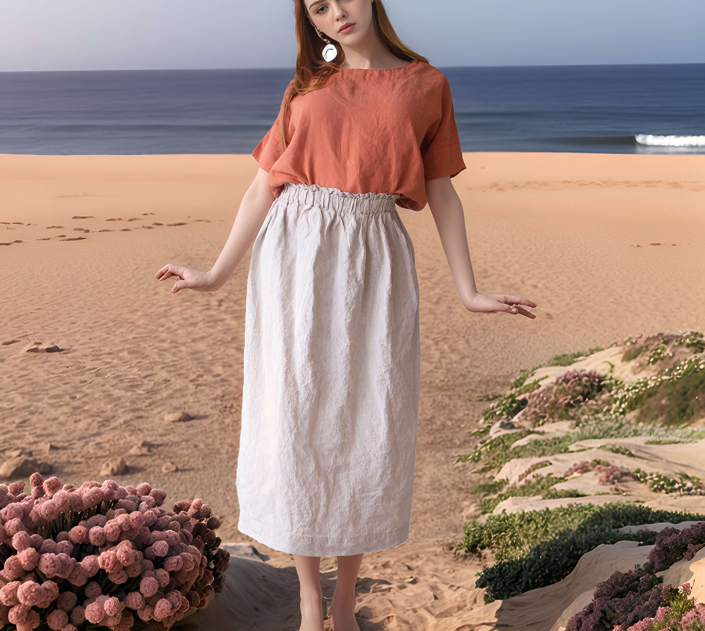 A-Line Boho Linen Midi Skirt AVIGNON for Women