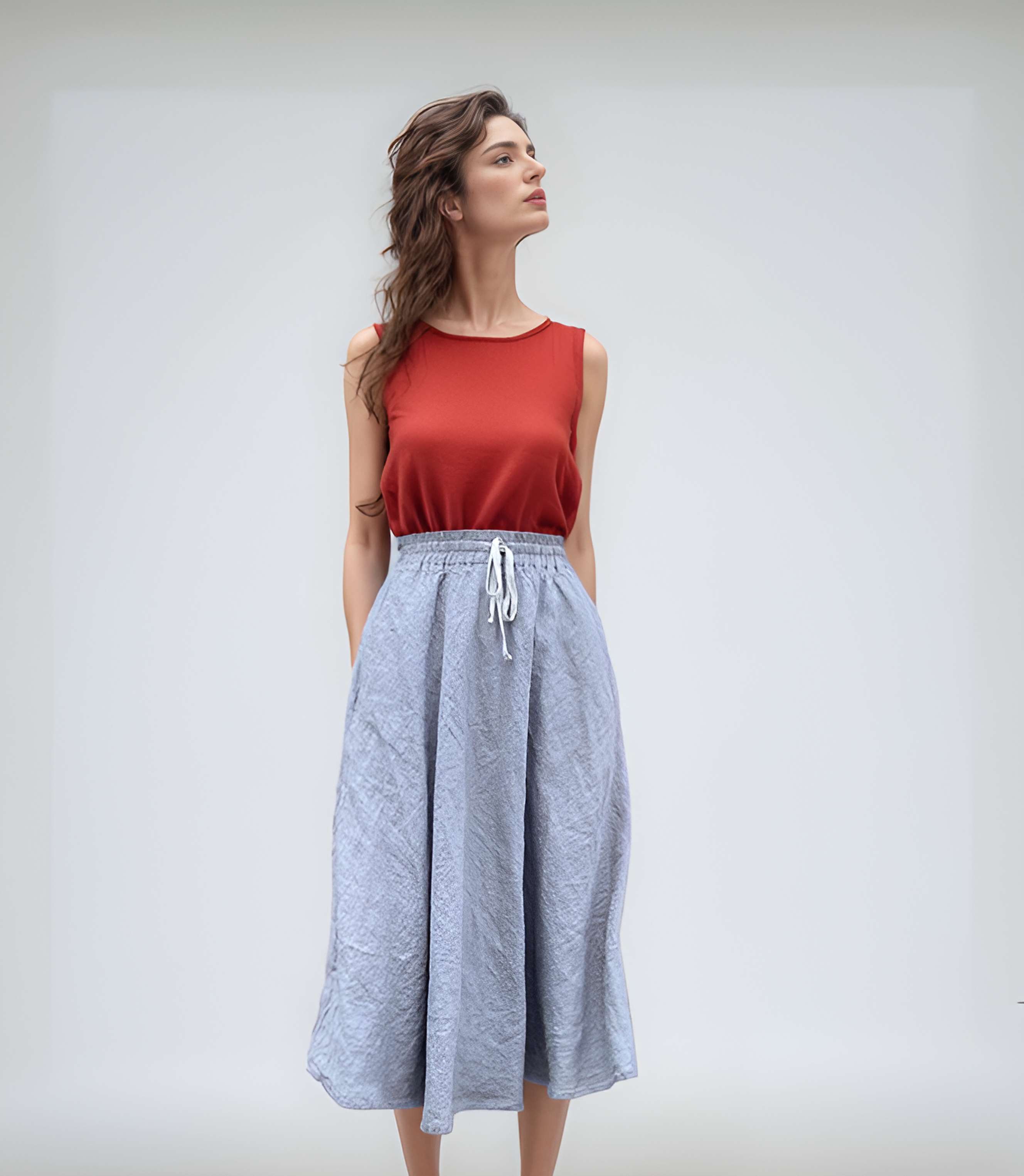 A-Line Linen Midi Skirt BORDEAUX with Pockets