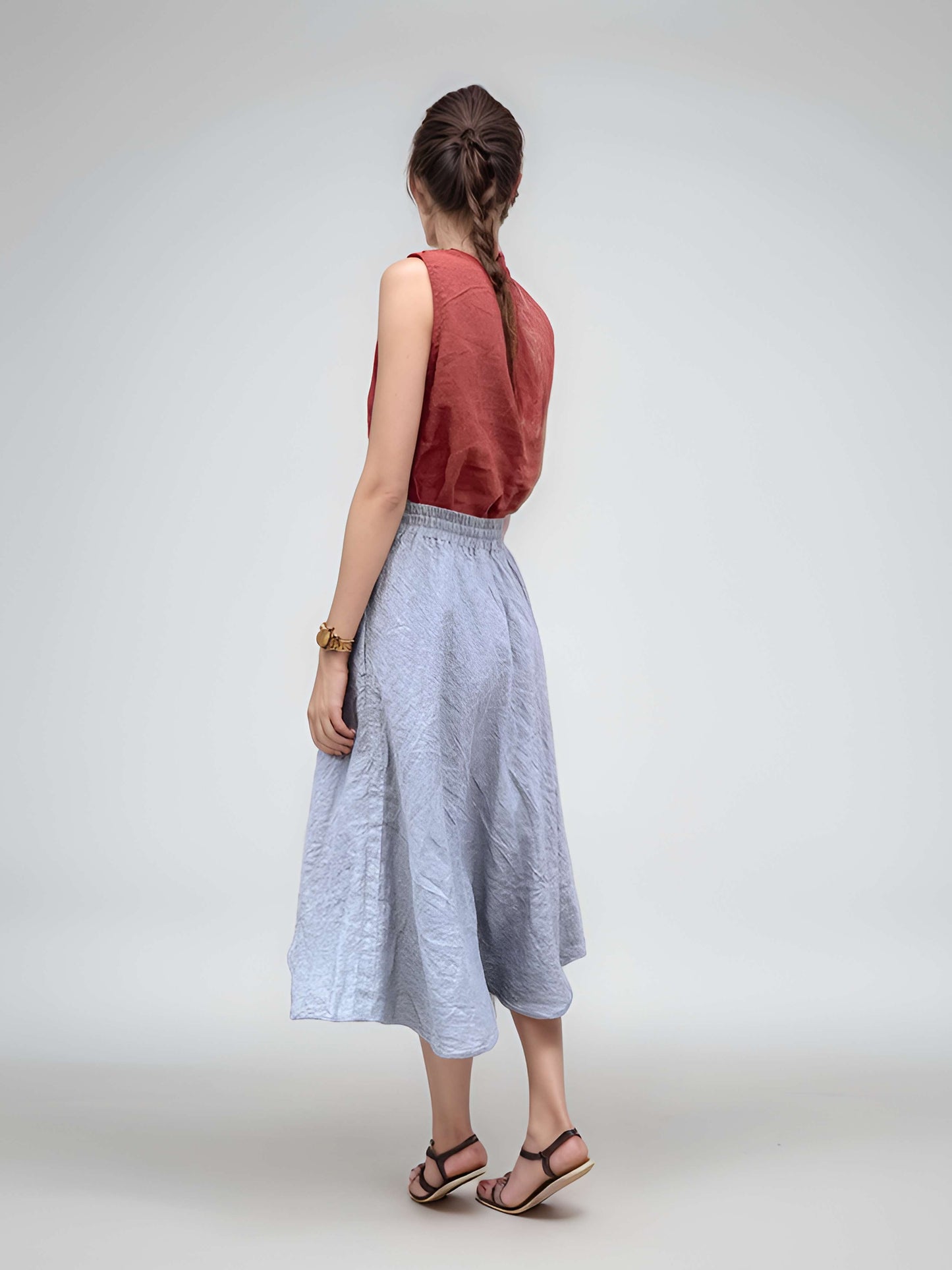 A-Line Linen Midi Skirt BORDEAUX with Pockets