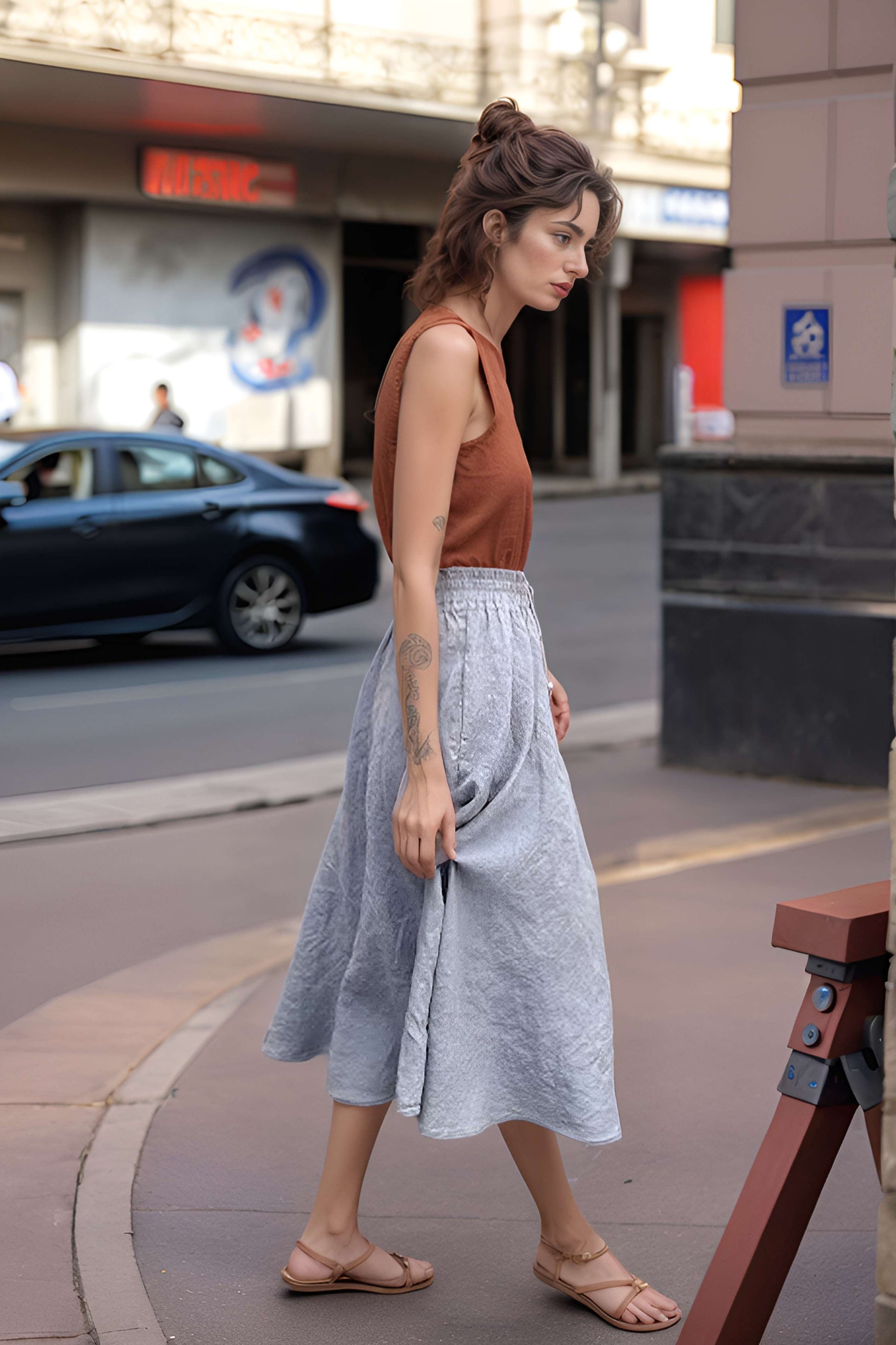 A-Line Linen Midi Skirt BORDEAUX with Pockets