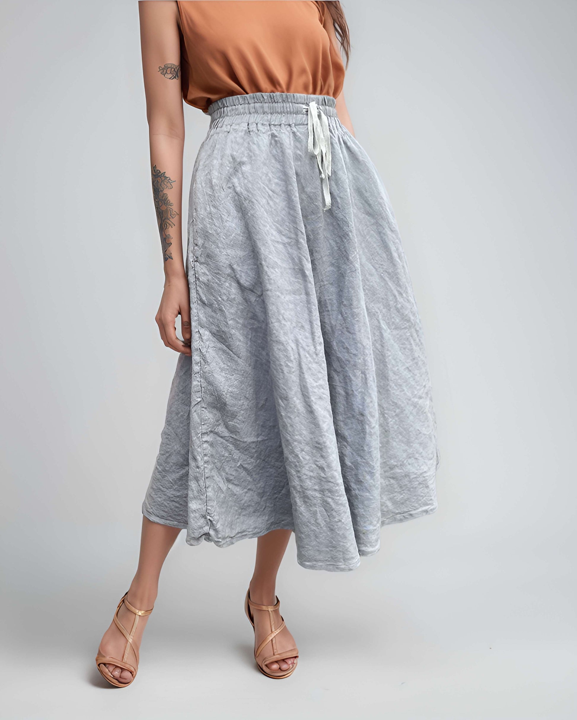 A-Line Linen Midi Skirt BORDEAUX with Pockets