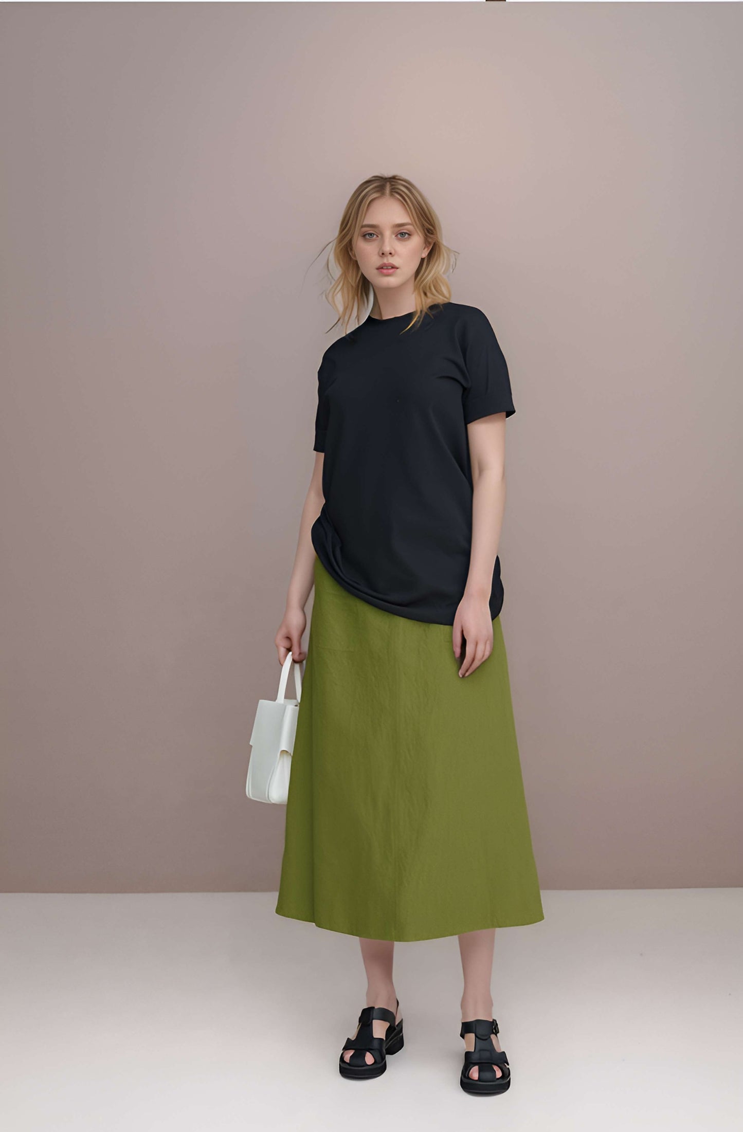 A-Line Linen Midi Skirt AMIENS High Waist Pockets