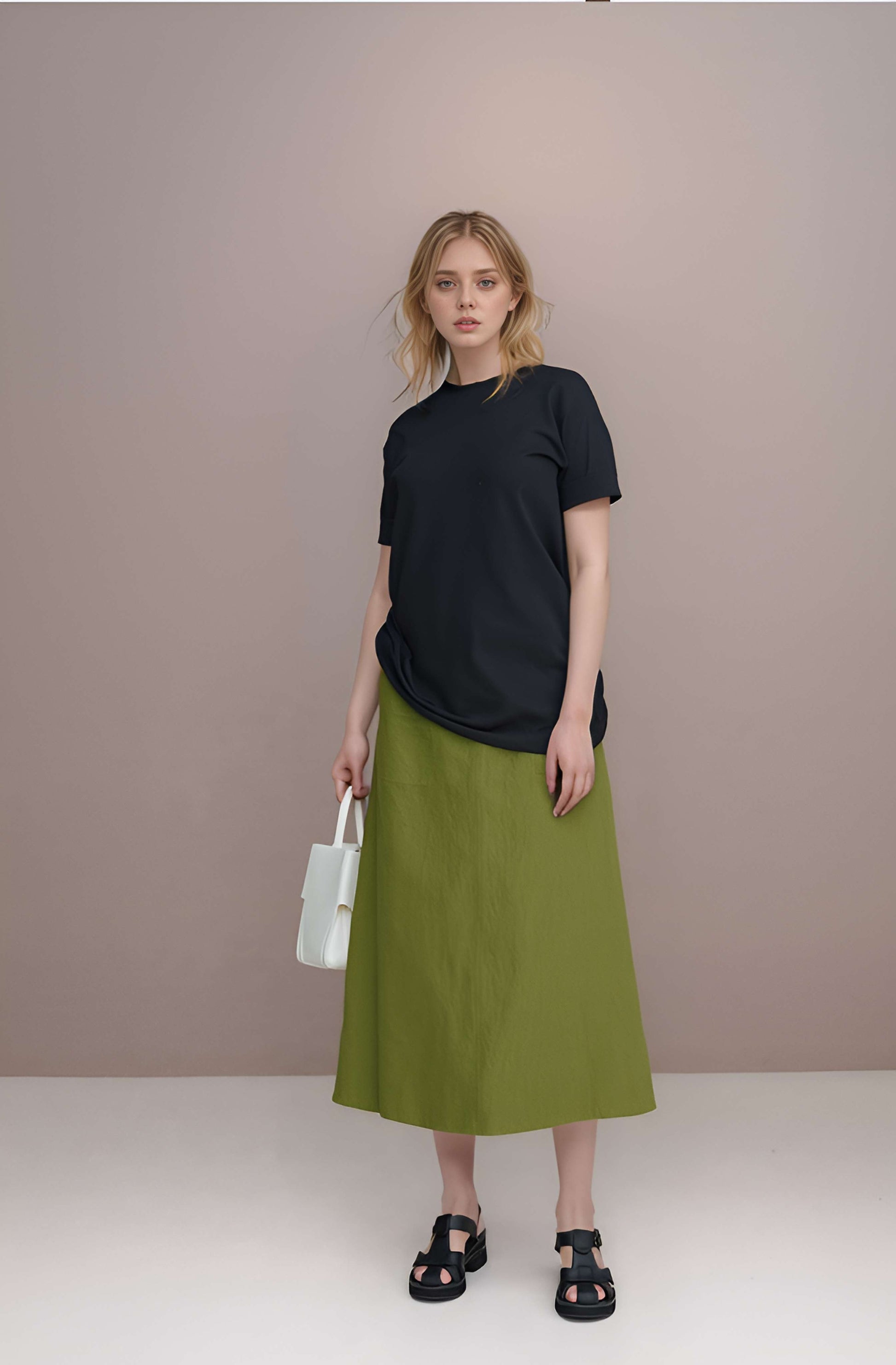 A-Line Linen Midi Skirt AMIENS High Waist Pockets