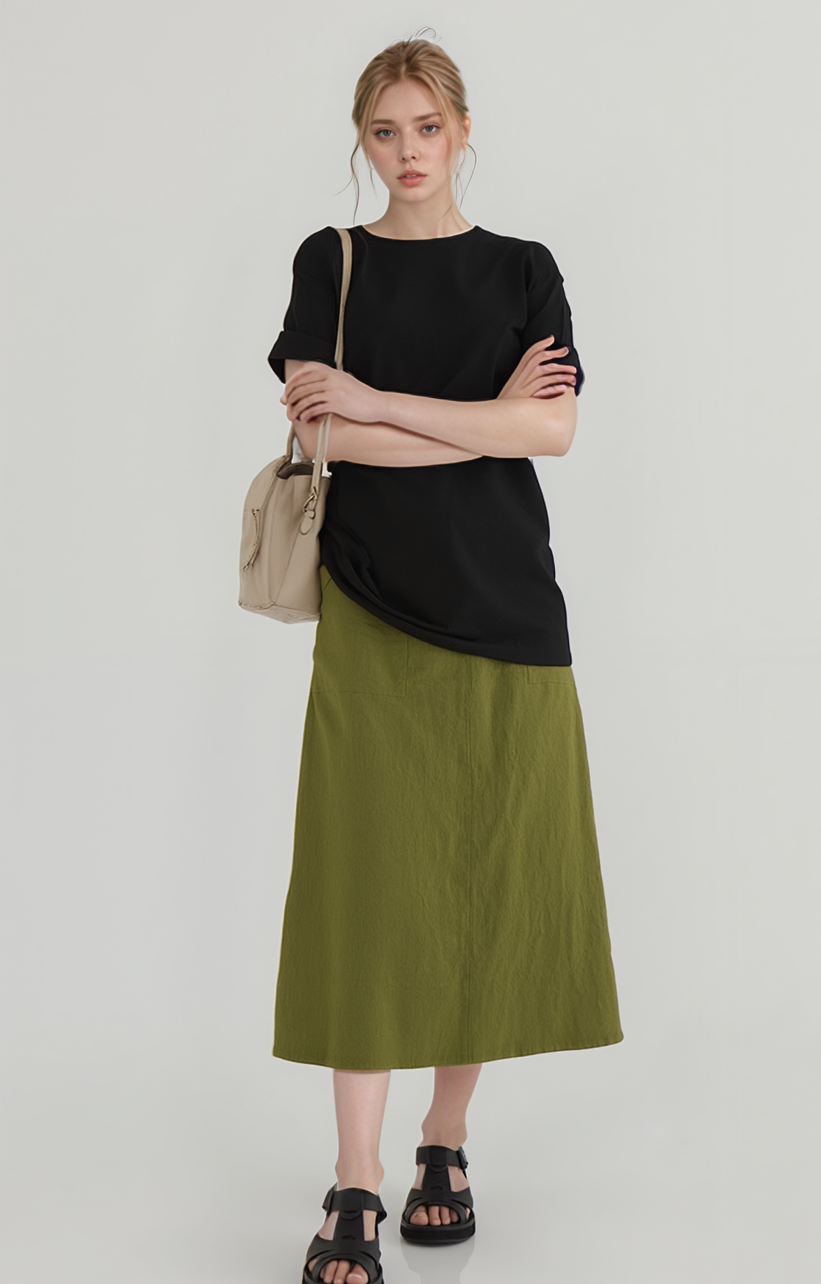 A-Line Linen Midi Skirt AMIENS High Waist Pockets