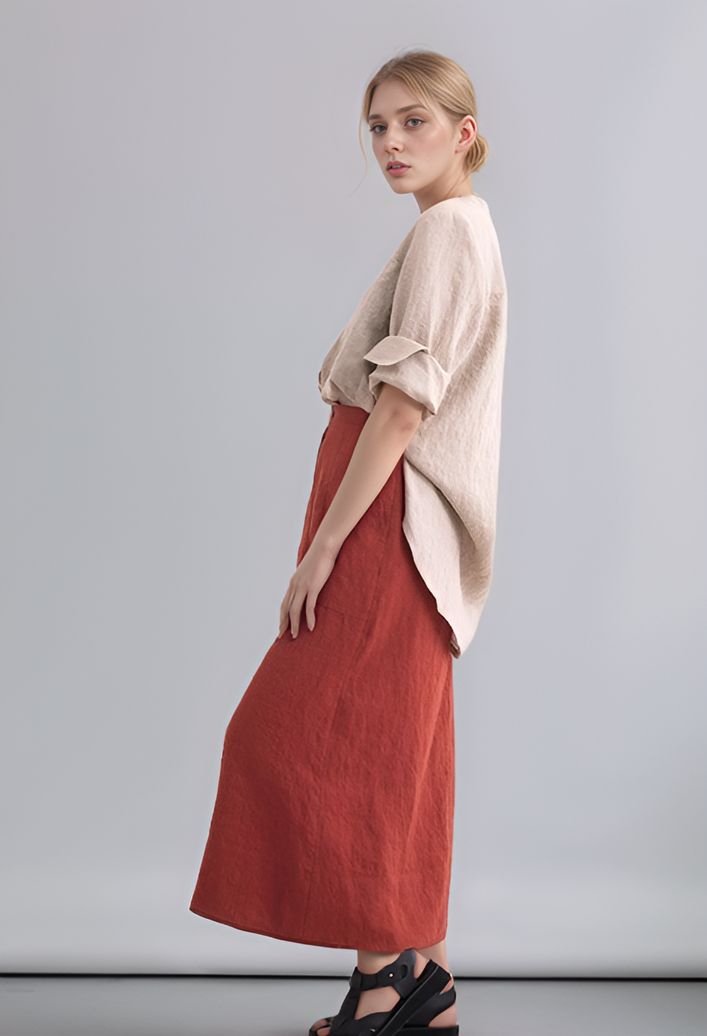 A-Line Linen Midi Skirt AMIENS High Waist Pockets