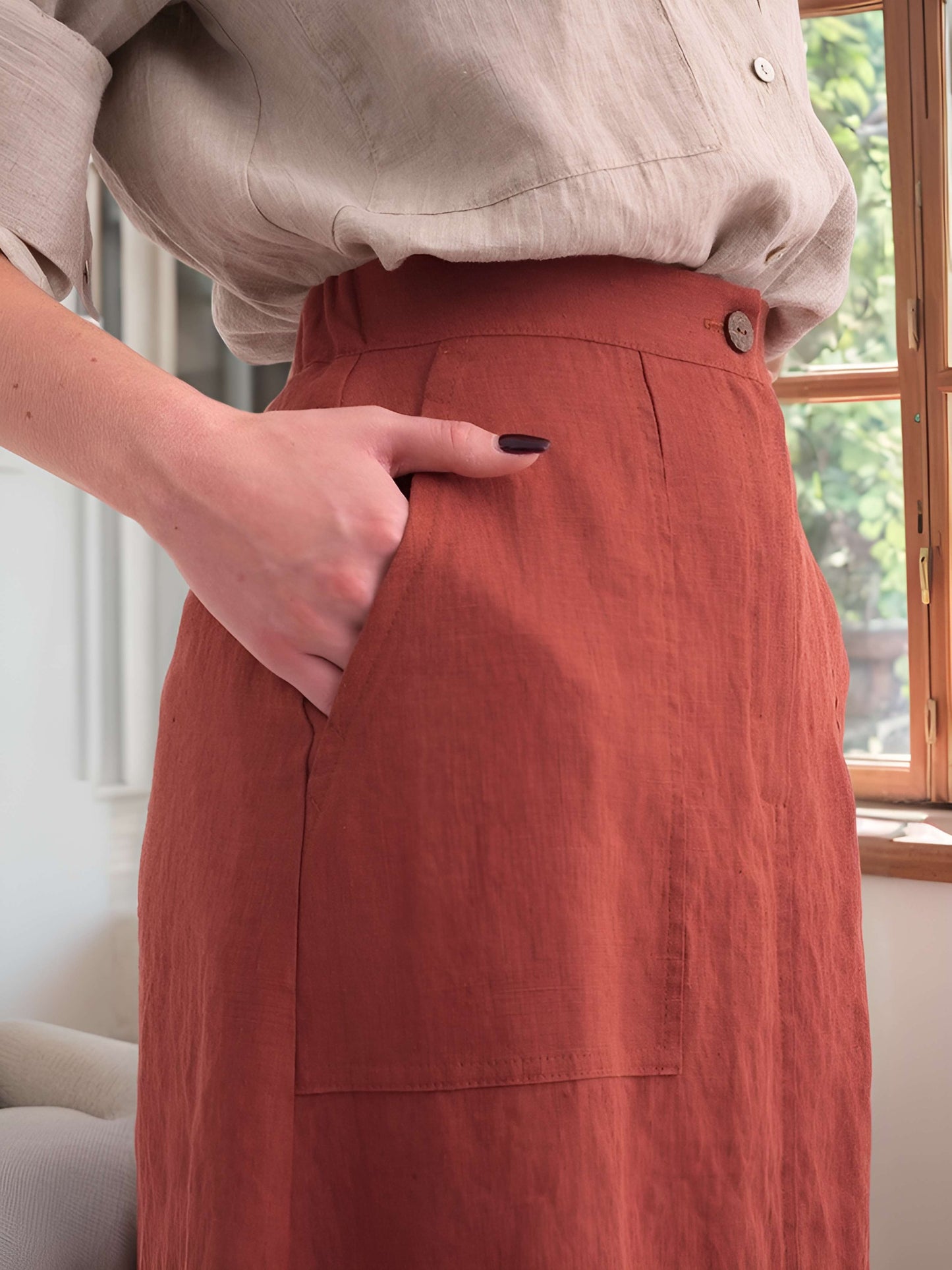 A-Line Linen Midi Skirt AMIENS High Waist Pockets