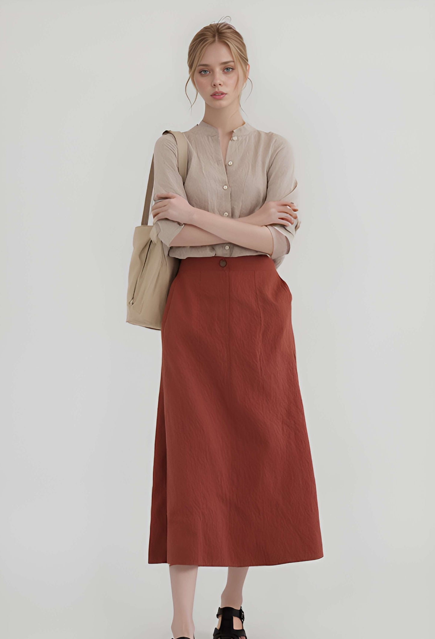 A-Line Linen Midi Skirt AMIENS High Waist Pockets