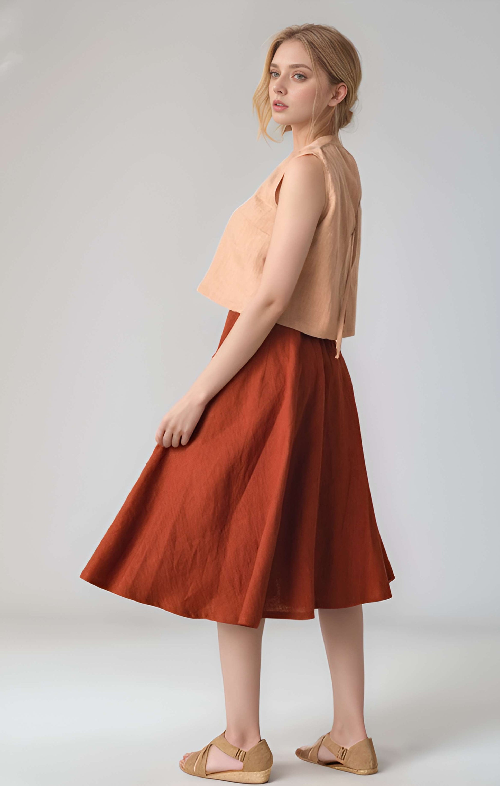 A-Line Linen Midi Skirt ULURU Buttoned High Waist