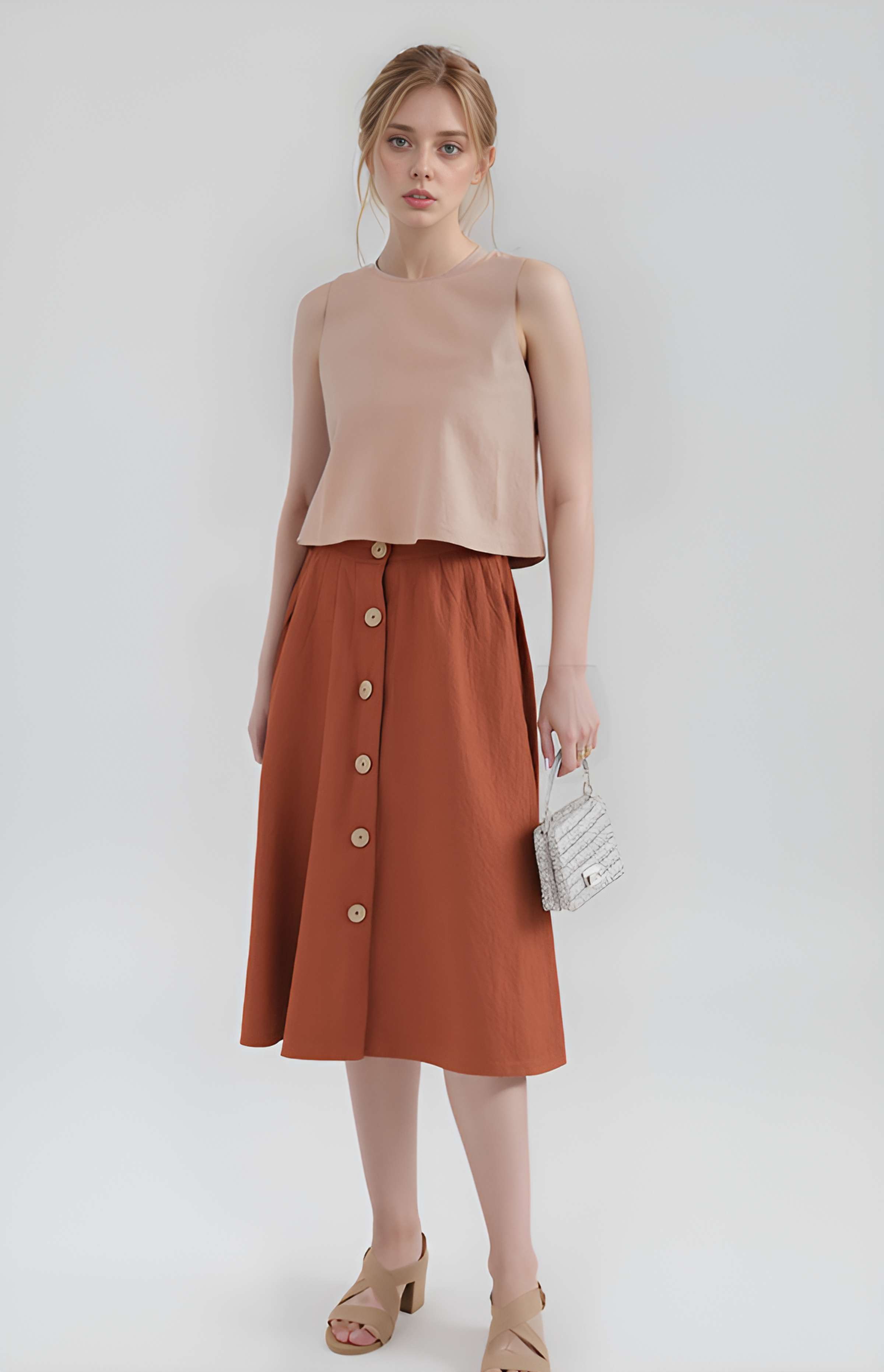 A-Line Linen Midi Skirt ULURU Buttoned High Waist