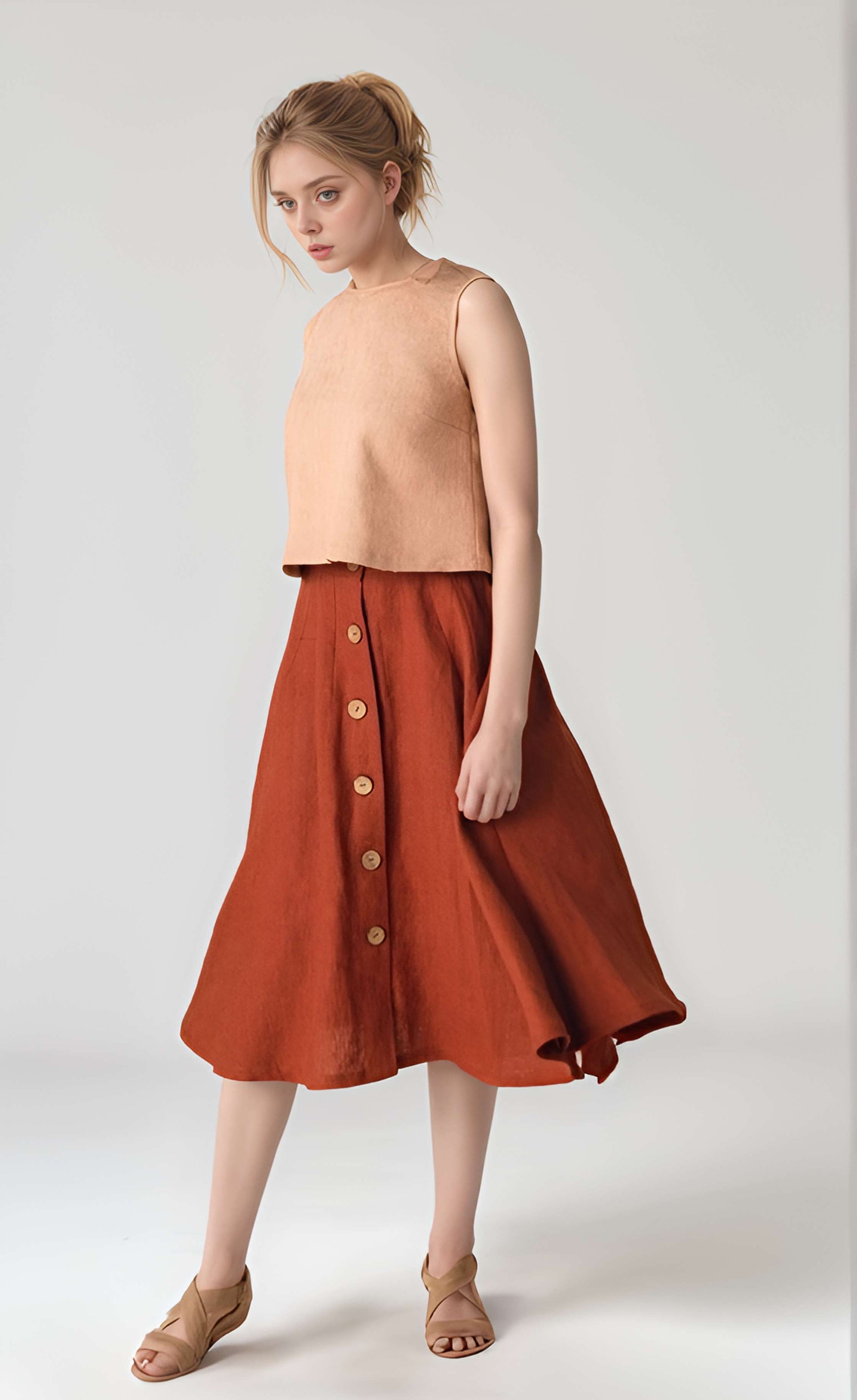 A-Line Linen Midi Skirt ULURU Buttoned High Waist