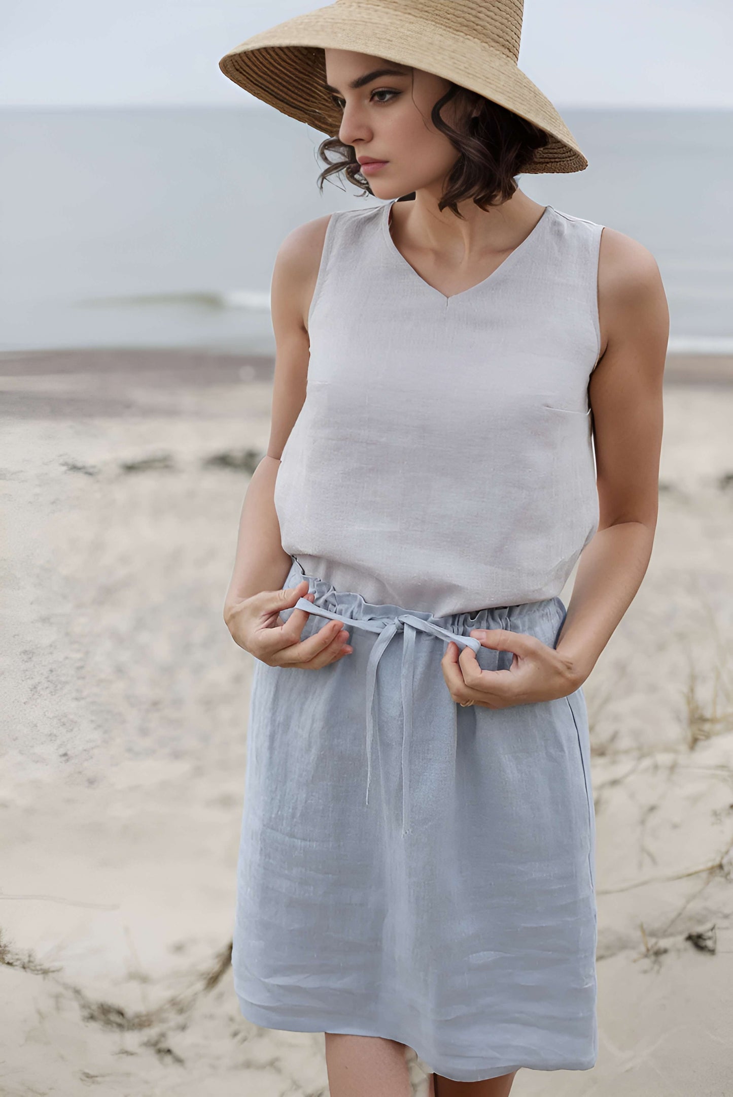 Adjustable Waist Midi Linen Skirt BLOIS with Pockets