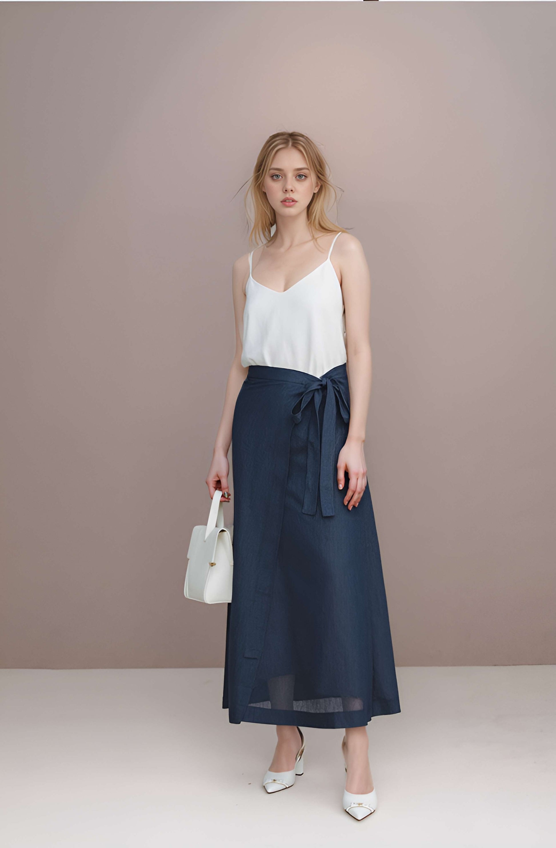 Adjustable Wrap Linen Midi Skirt TOULON High Waist