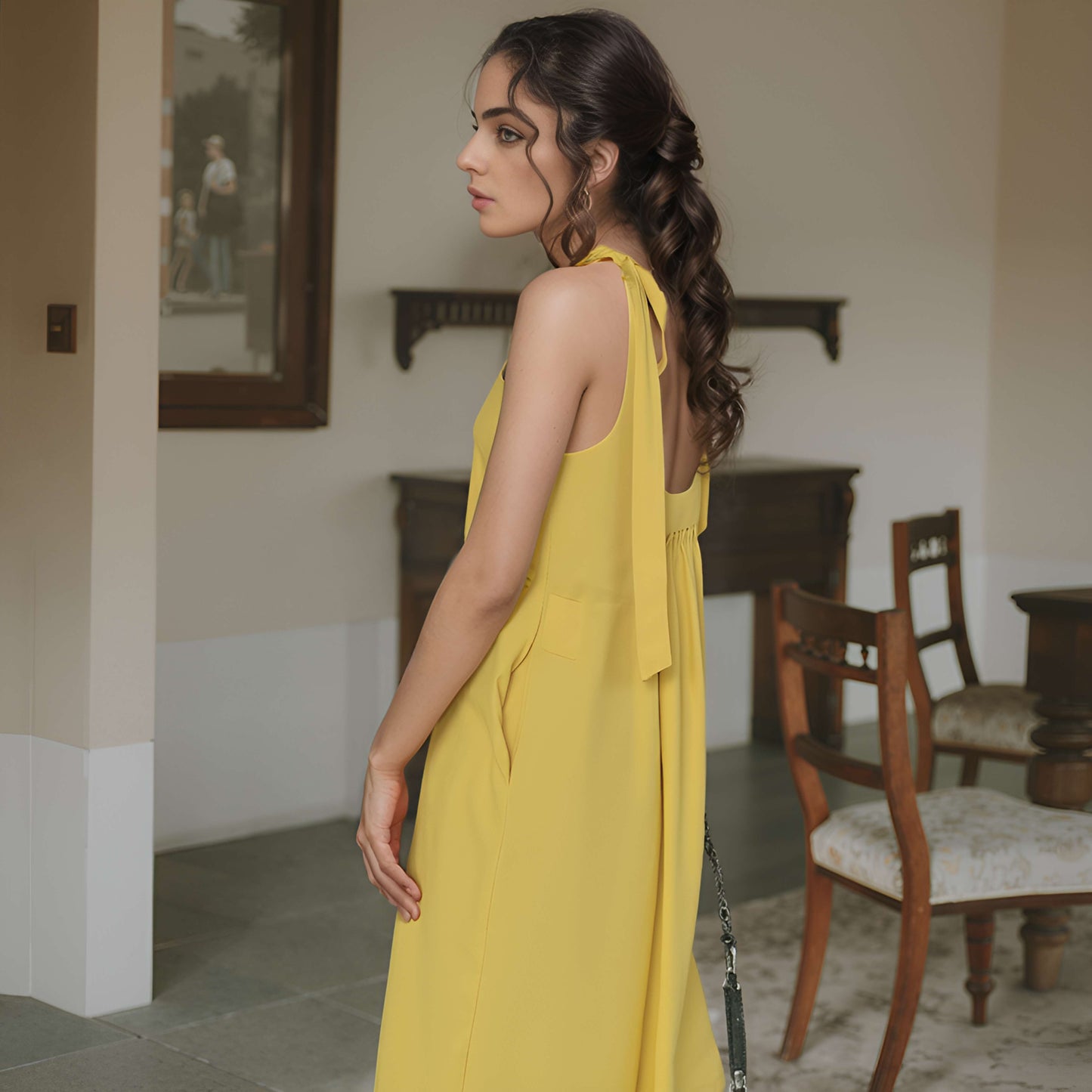 Backless Linen Maxi Slip Dress AVIGNON Wide Straps