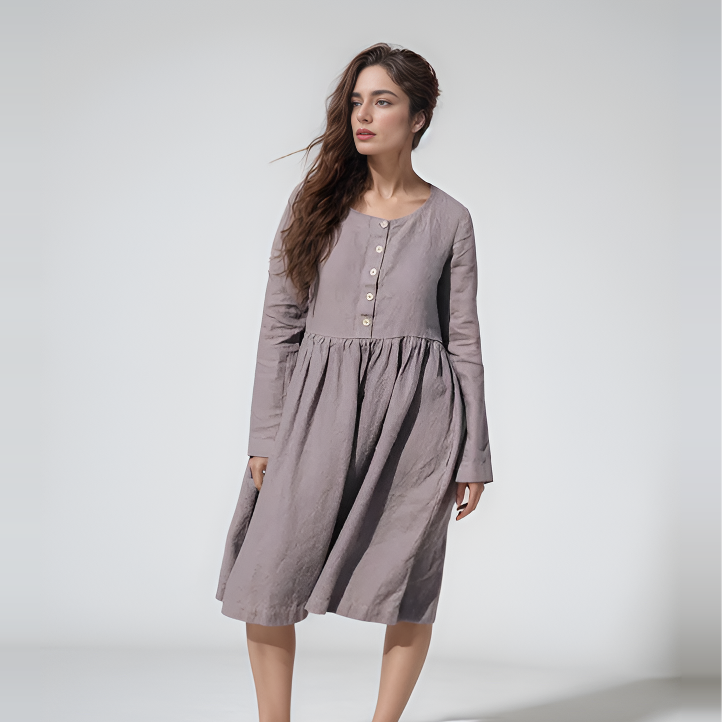 Beige Bow Detail Linen A-Line Dress ROUEN for Everyday