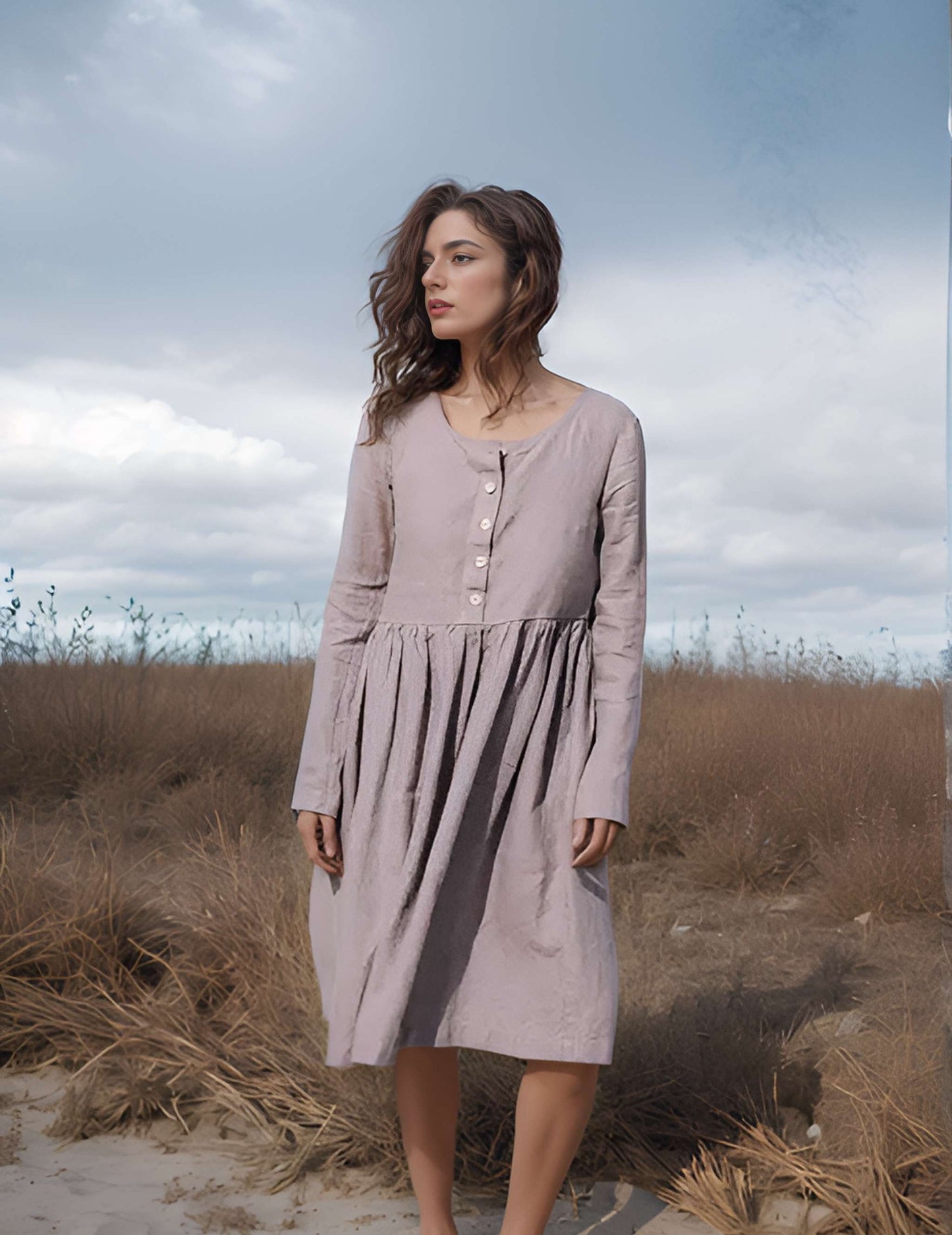 Beige Bow Detail Linen A-Line Dress ROUEN for Everyday