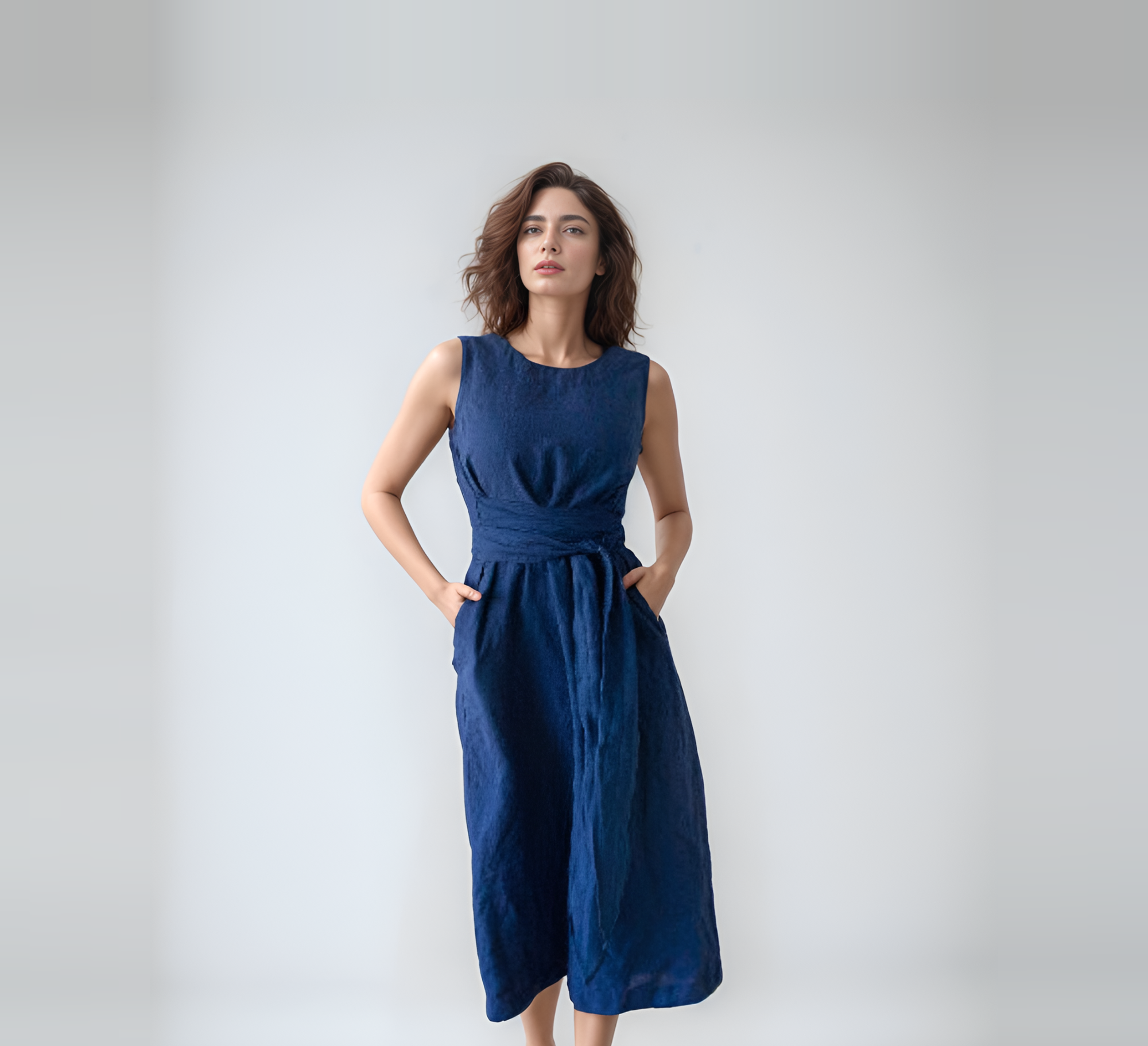 Belted Sleeveless Linen Summer Dress MARSEILLE