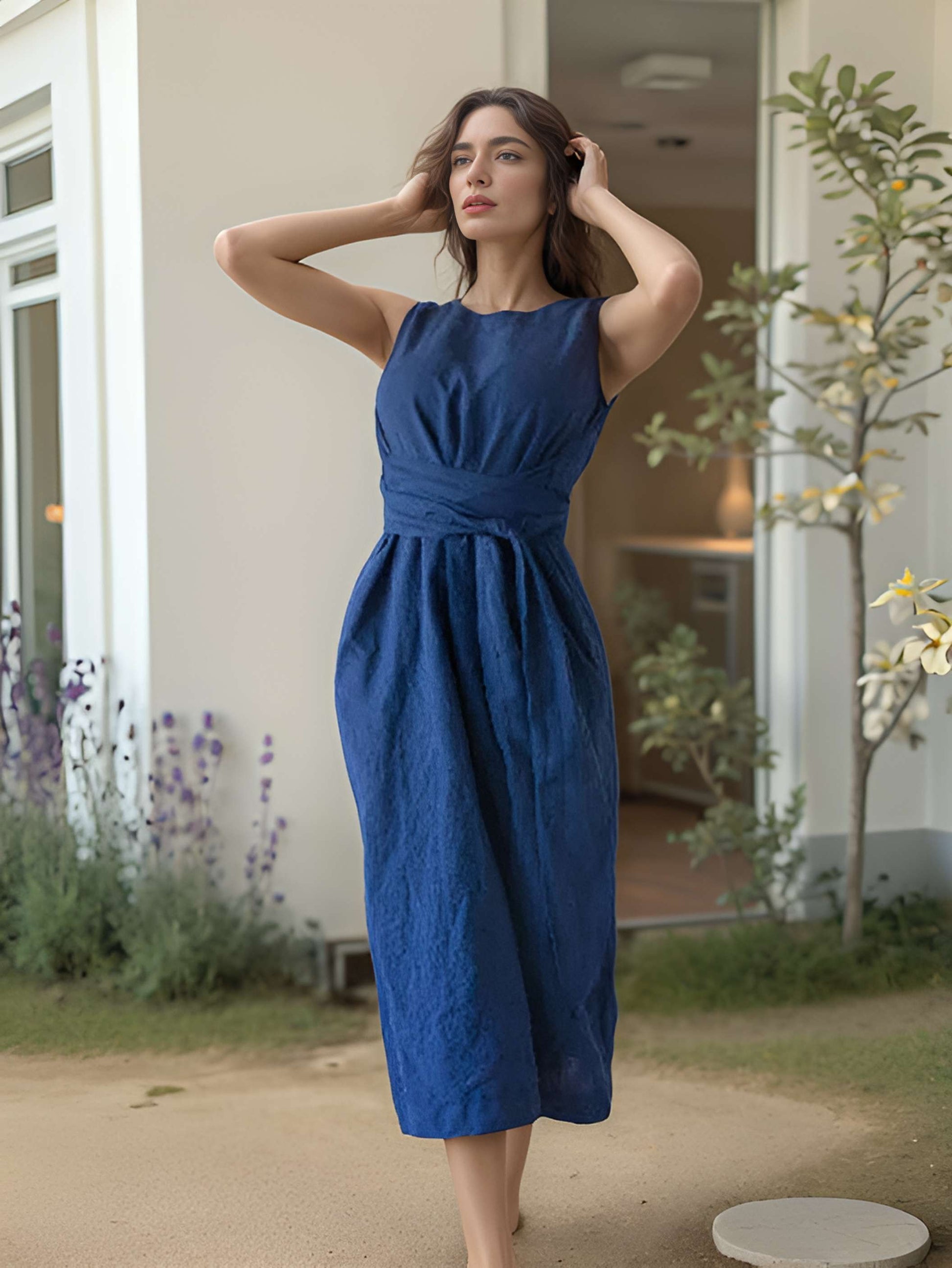 Belted Sleeveless Linen Summer Dress MARSEILLE