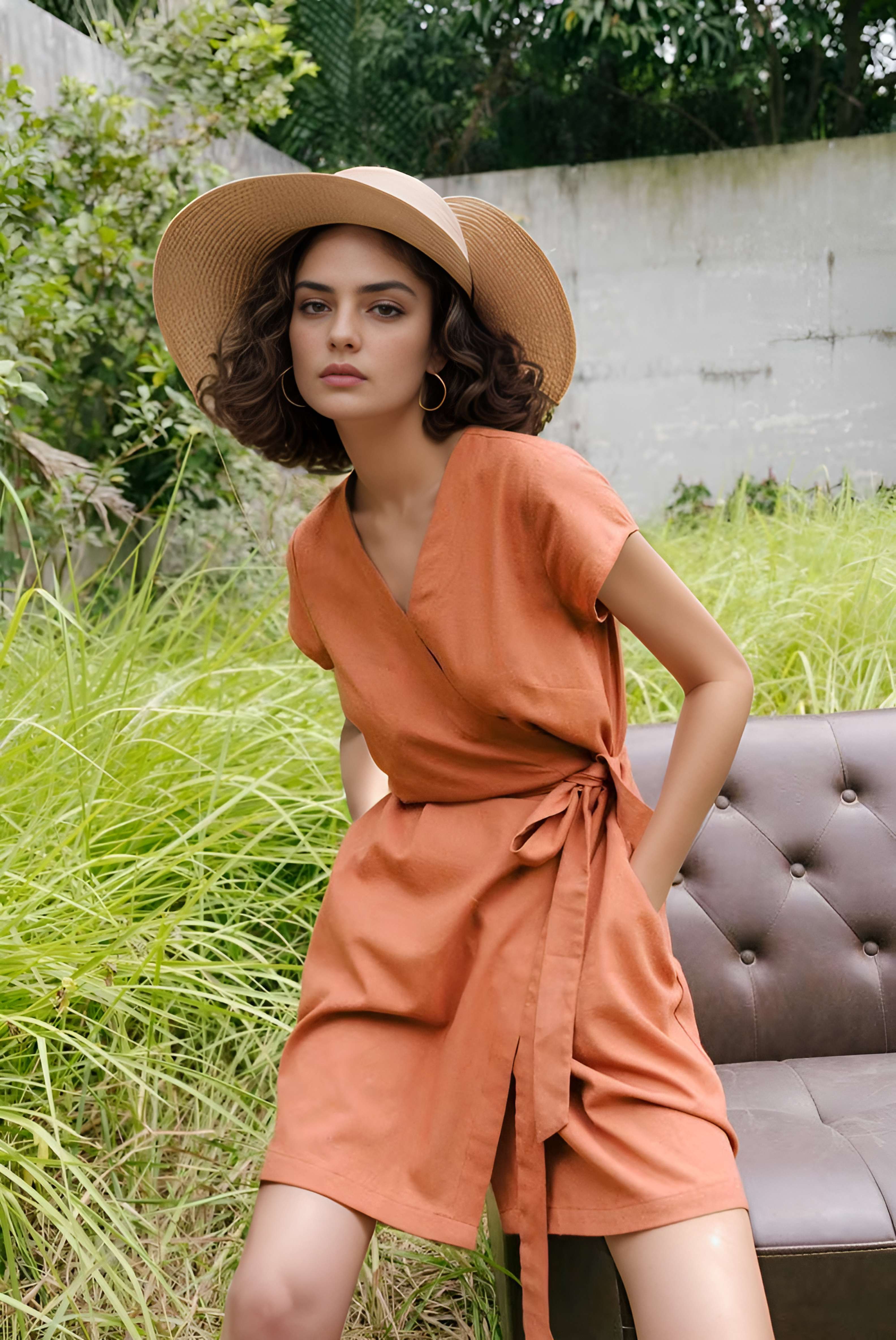 Belted V-Neck Linen Wrap Dress ALBI for Summer