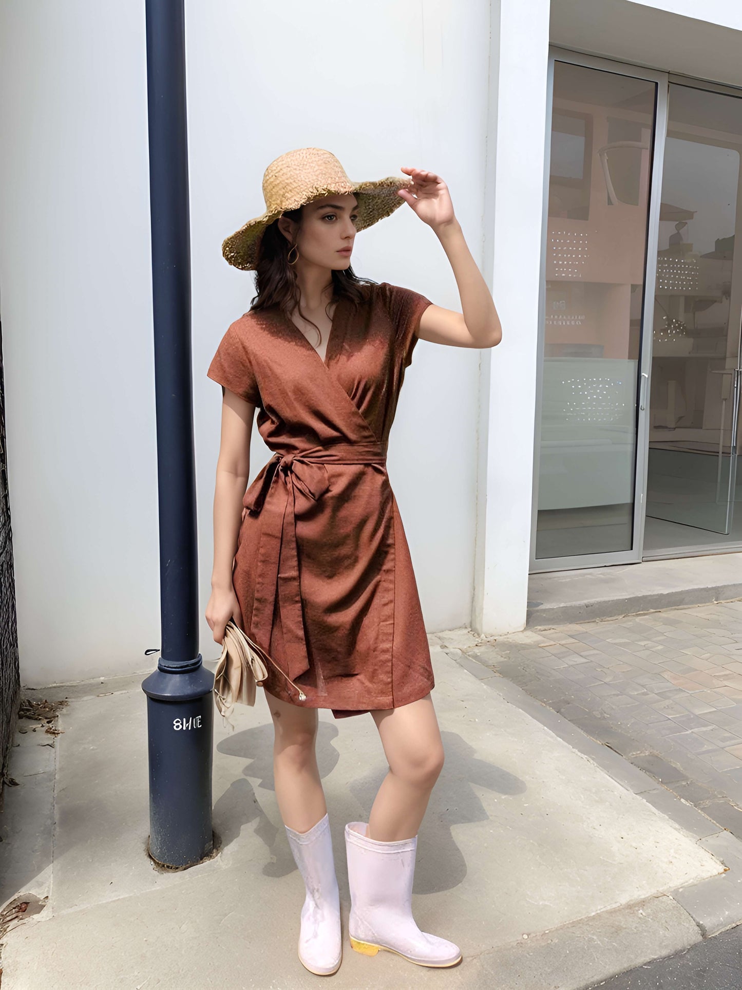 Belted V-Neck Linen Wrap Dress ALBI for Summer