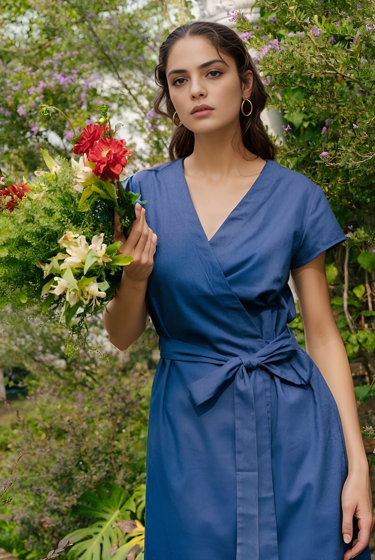 Belted V-Neck Linen Wrap Dress ALBI for Summer