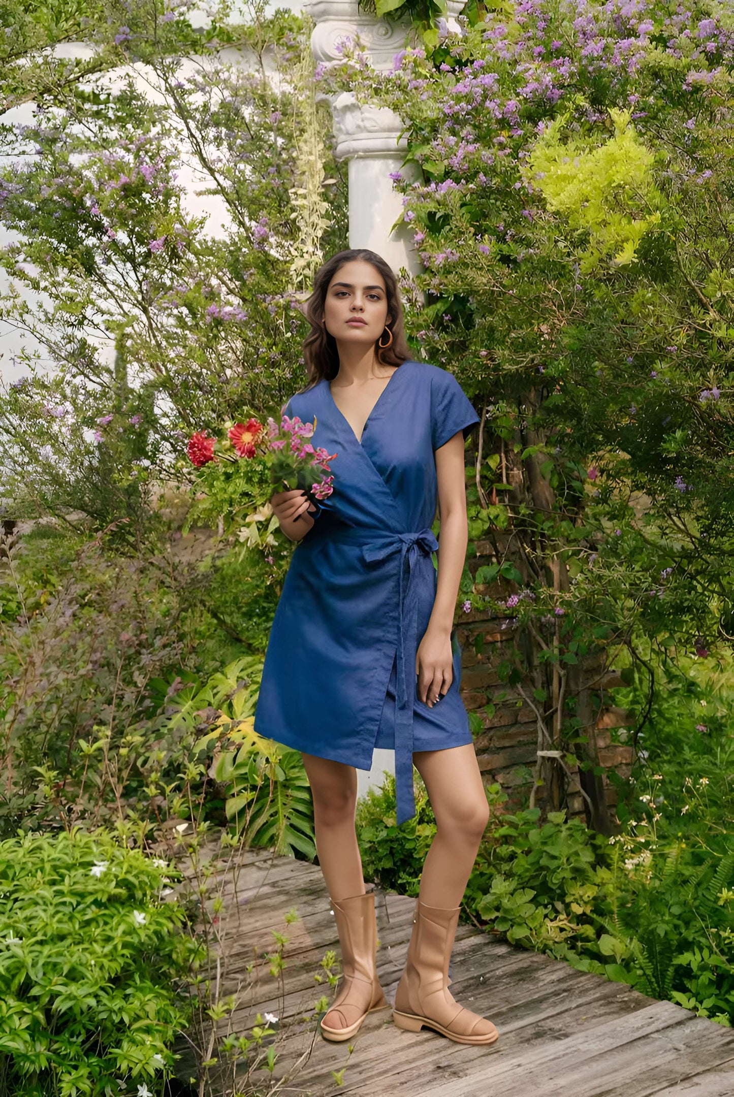 Belted V-Neck Linen Wrap Dress ALBI for Summer