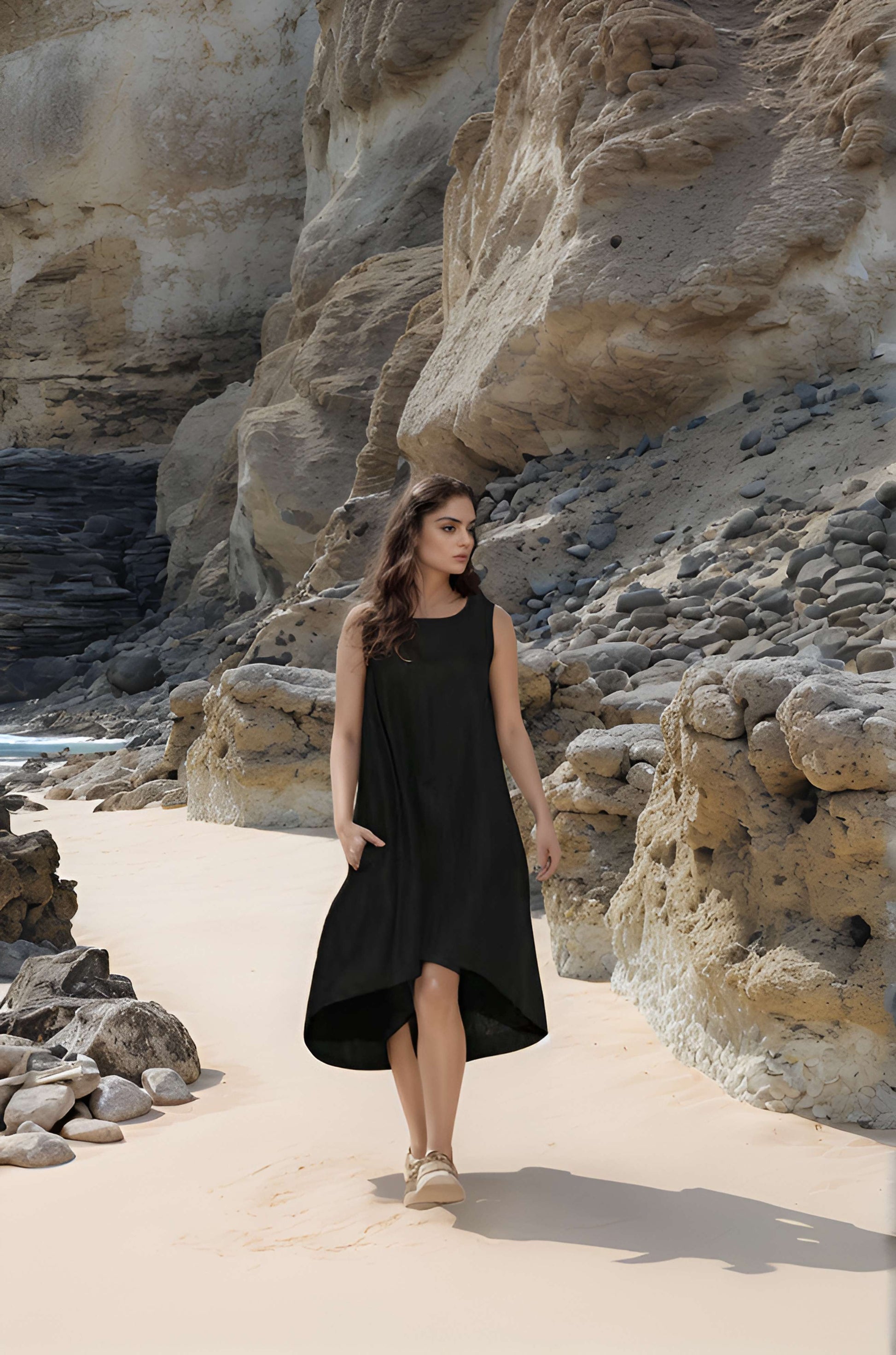 Black High-Low Hem Linen Midi Dress AMIENS for Everyday