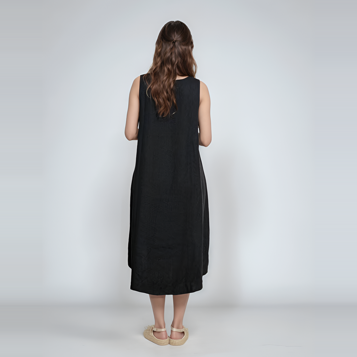 Black High-Low Hem Linen Midi Dress AMIENS for Everyday