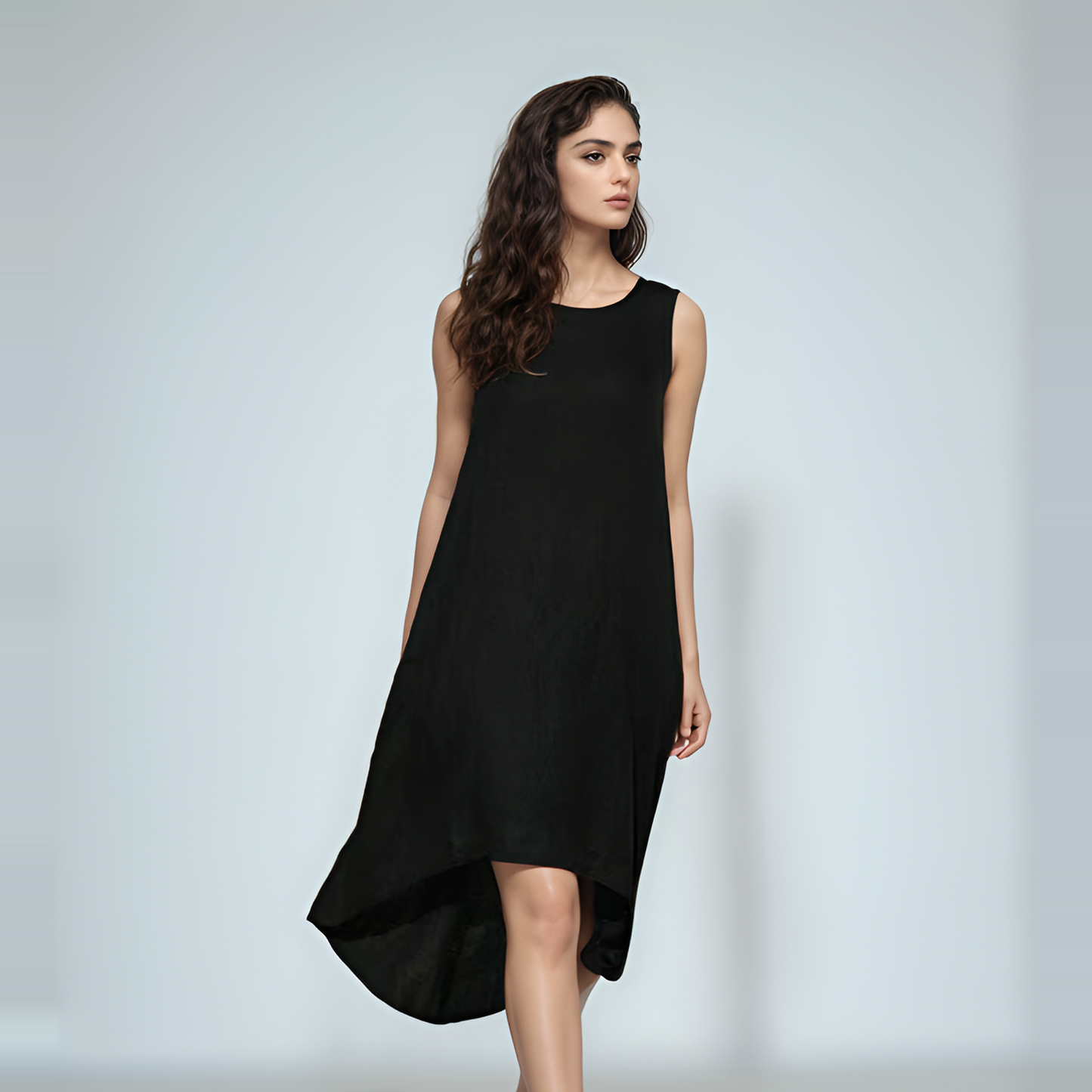 Black High-Low Hem Linen Midi Dress AMIENS for Everyday