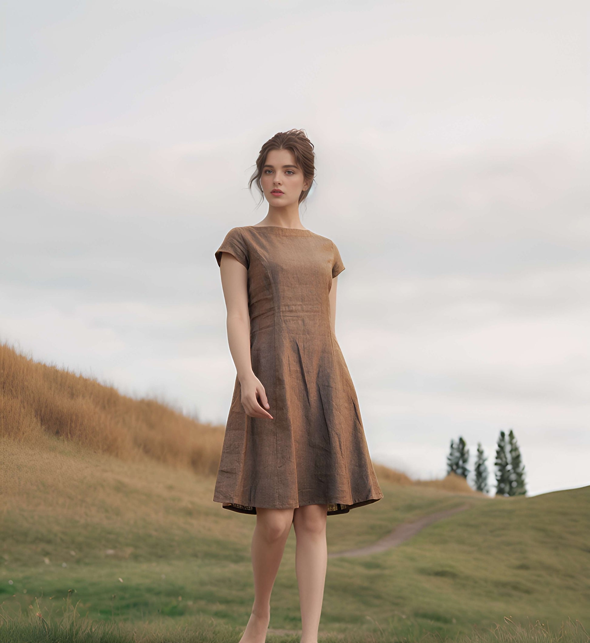 Boat Neck Linen Tunic Dress PERPIGNAN with Cap Sleeves