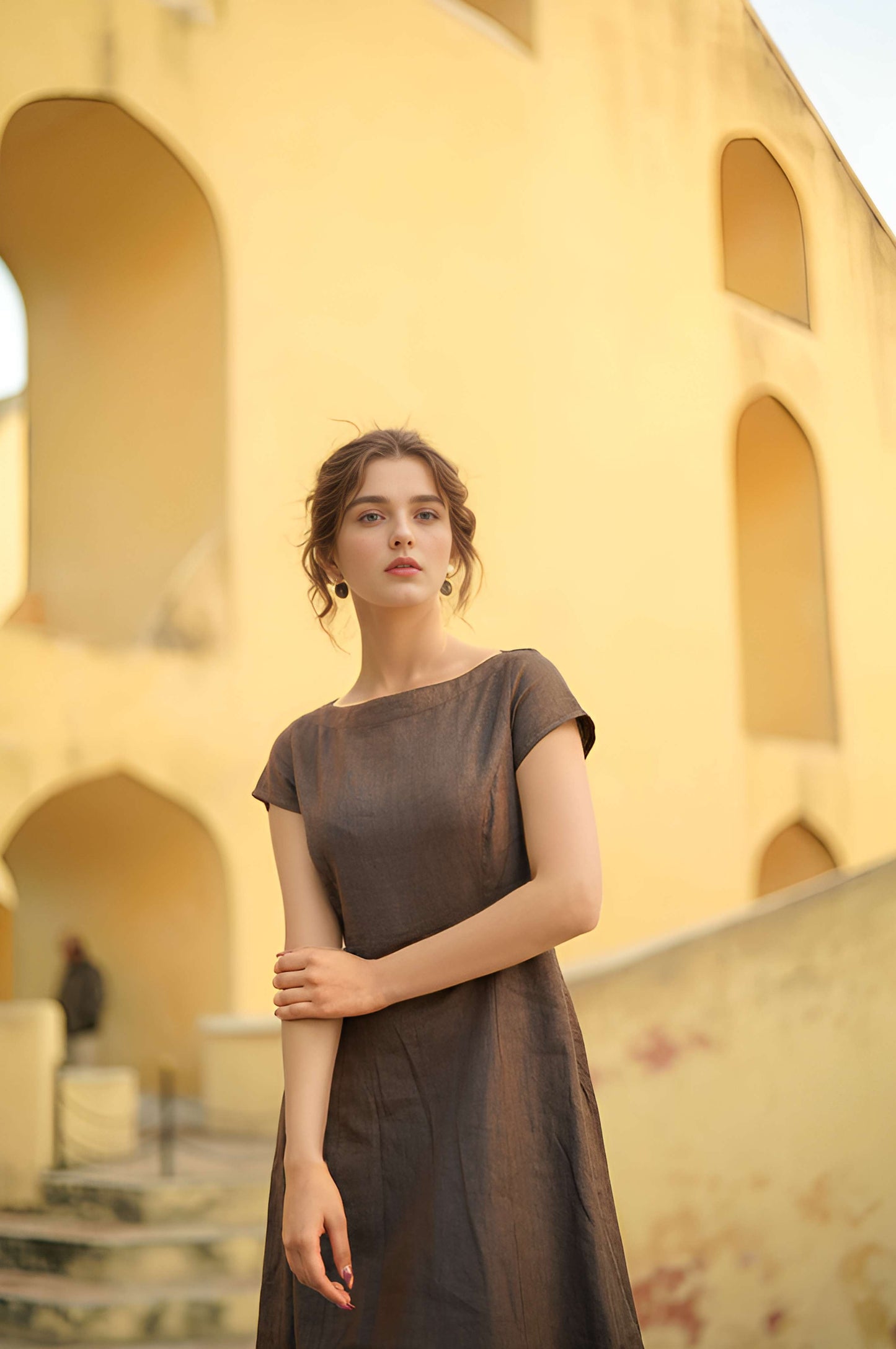 Boat Neck Linen Tunic Dress PERPIGNAN with Cap Sleeves