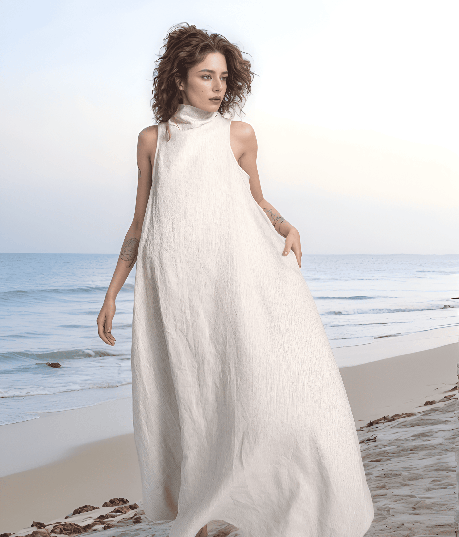 Boho Cocoon Linen Maxi Dress NIMES with High Neck