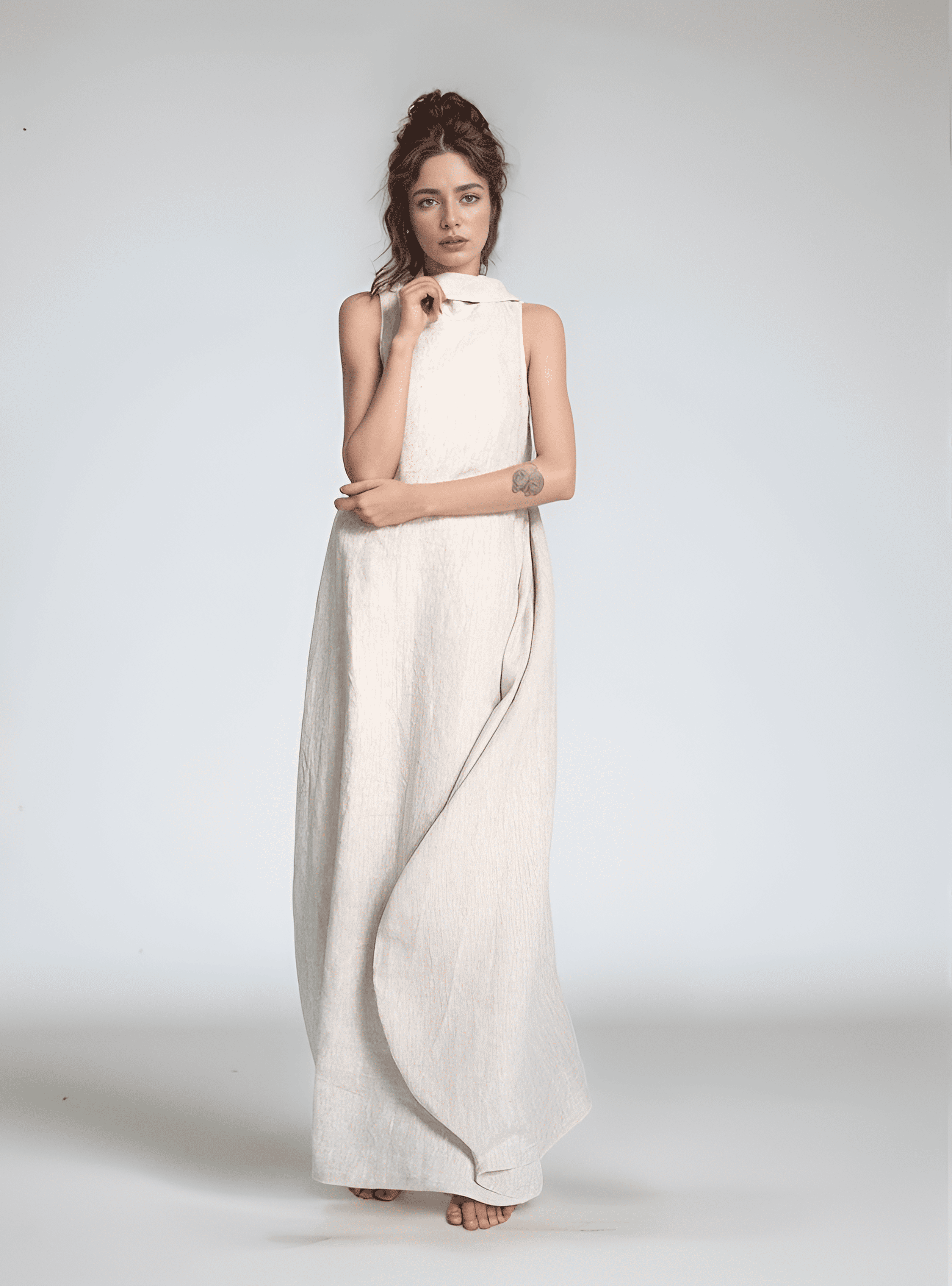 Boho Cocoon Linen Maxi Dress NIMES with High Neck