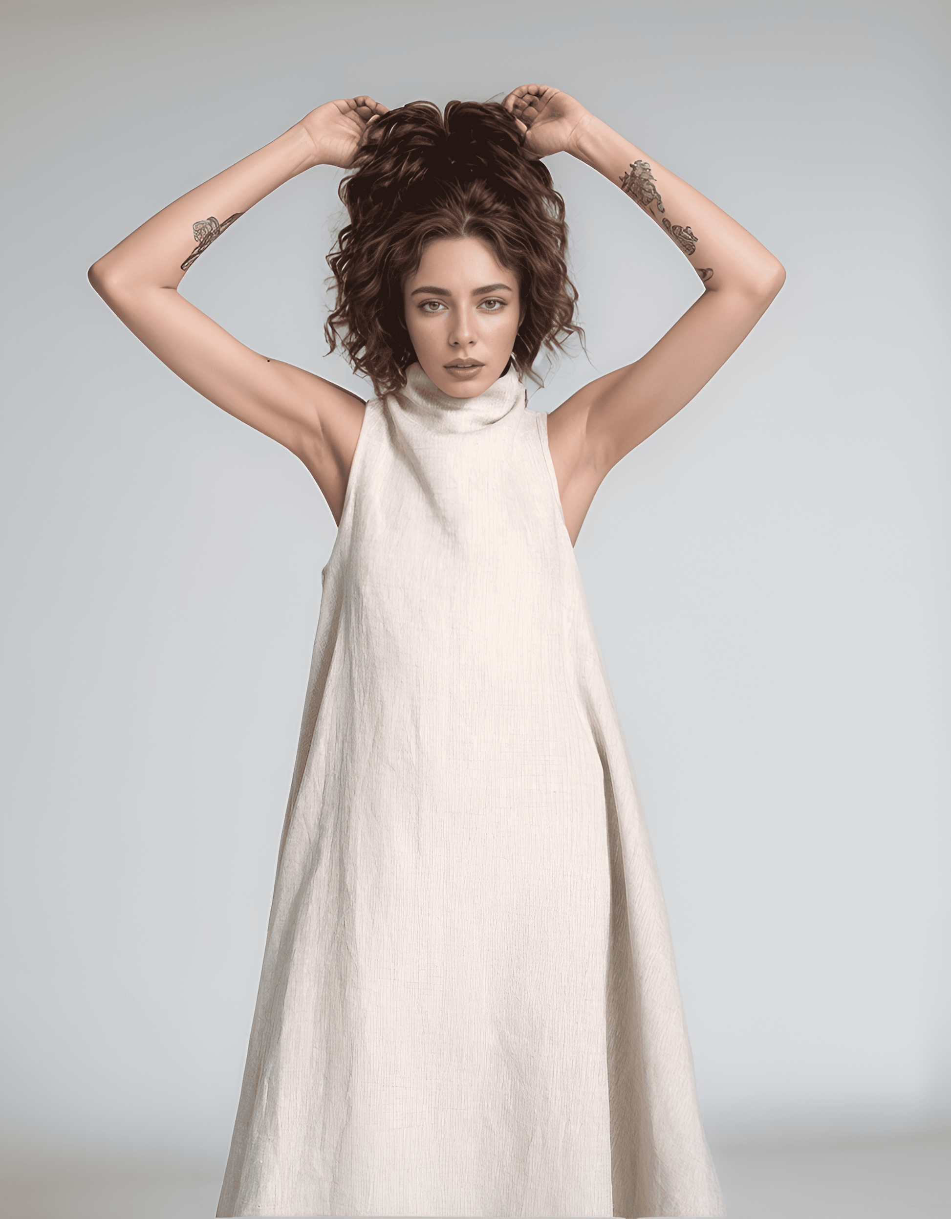 Boho Cocoon Linen Maxi Dress NIMES with High Neck