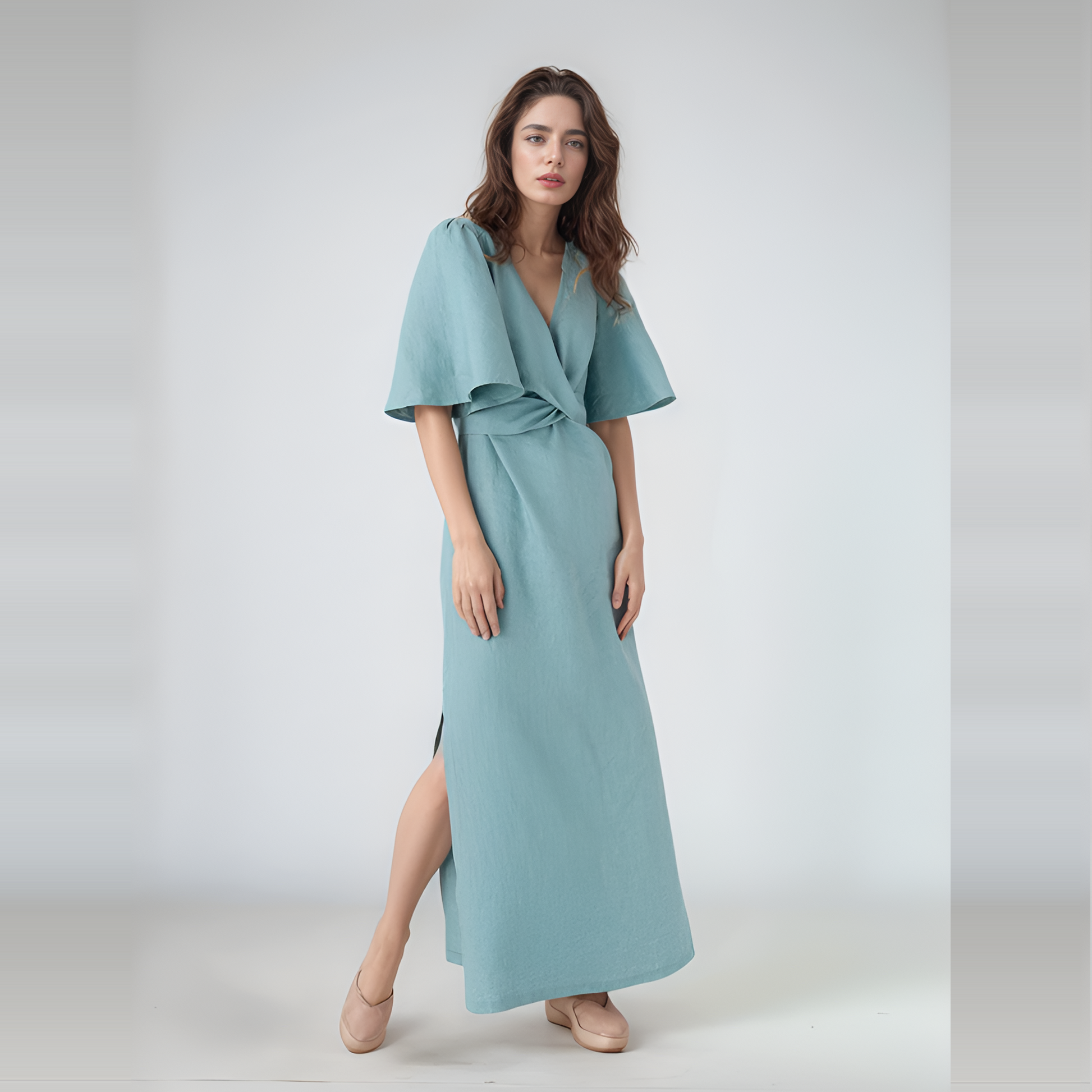 Boho V-Neck Linen Wrap Dress DIJON for Wedding Guest