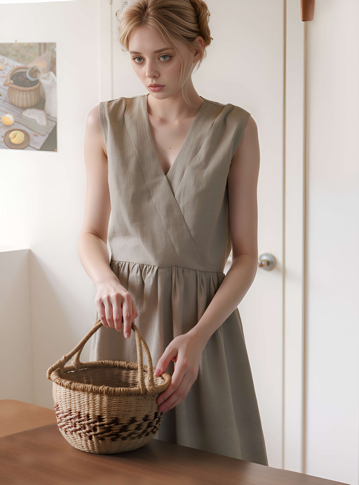 Boho Sleeveless Linen Dress SEDONA V-Neck Pockets