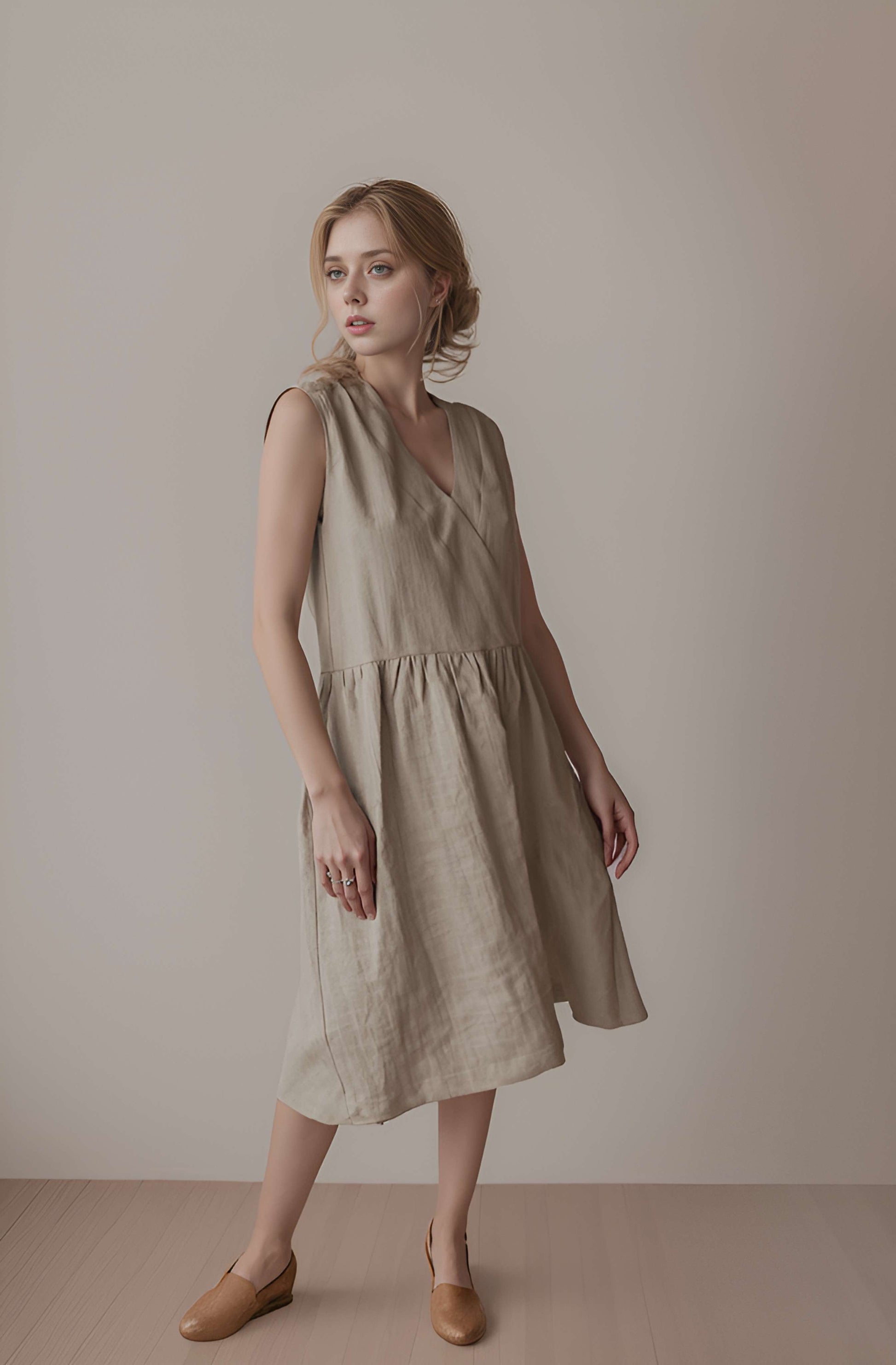 Boho Sleeveless Linen Dress SEDONA V-Neck Pockets