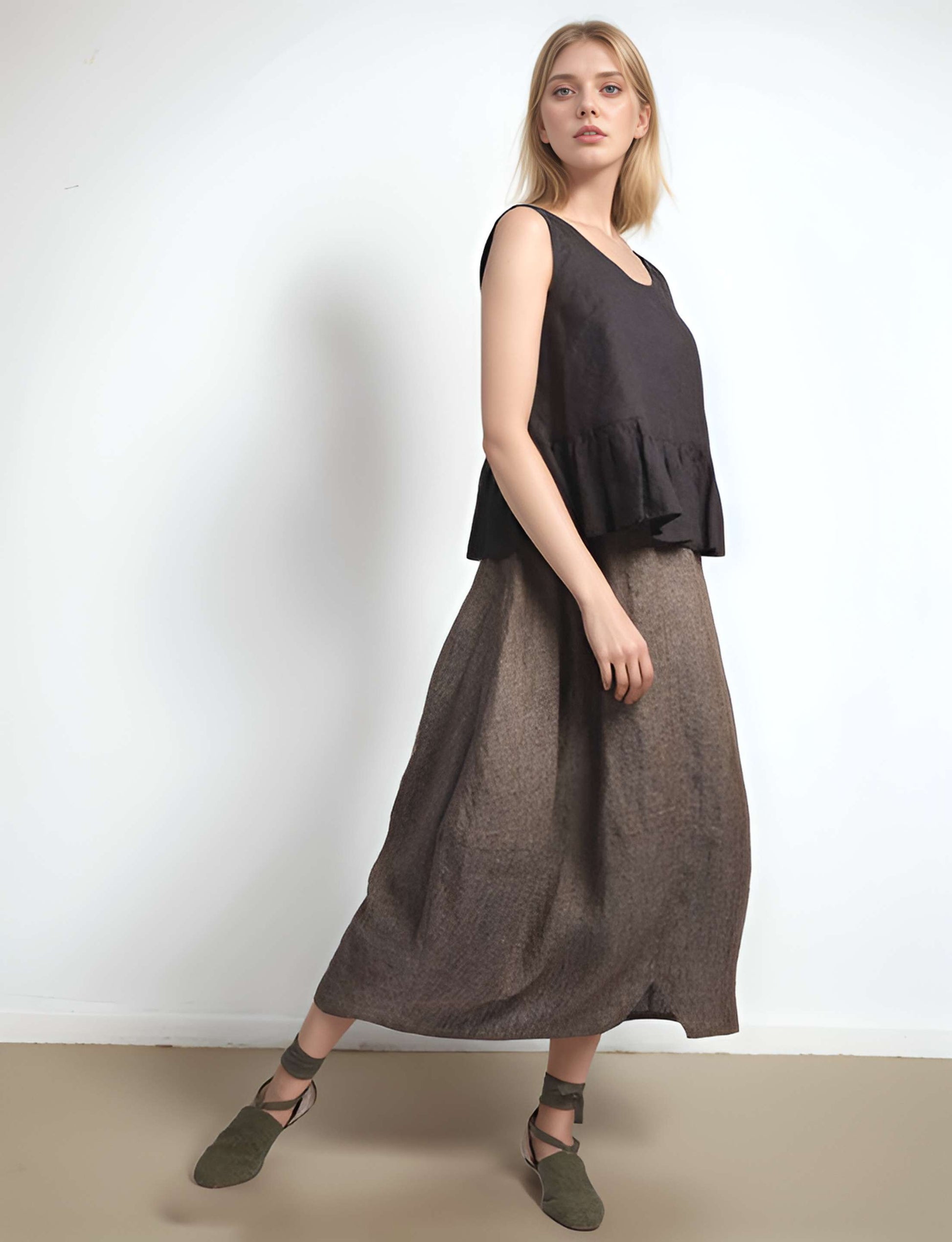 Bubble Linen Maxi Skirt TROYES Wrinkled Flowy