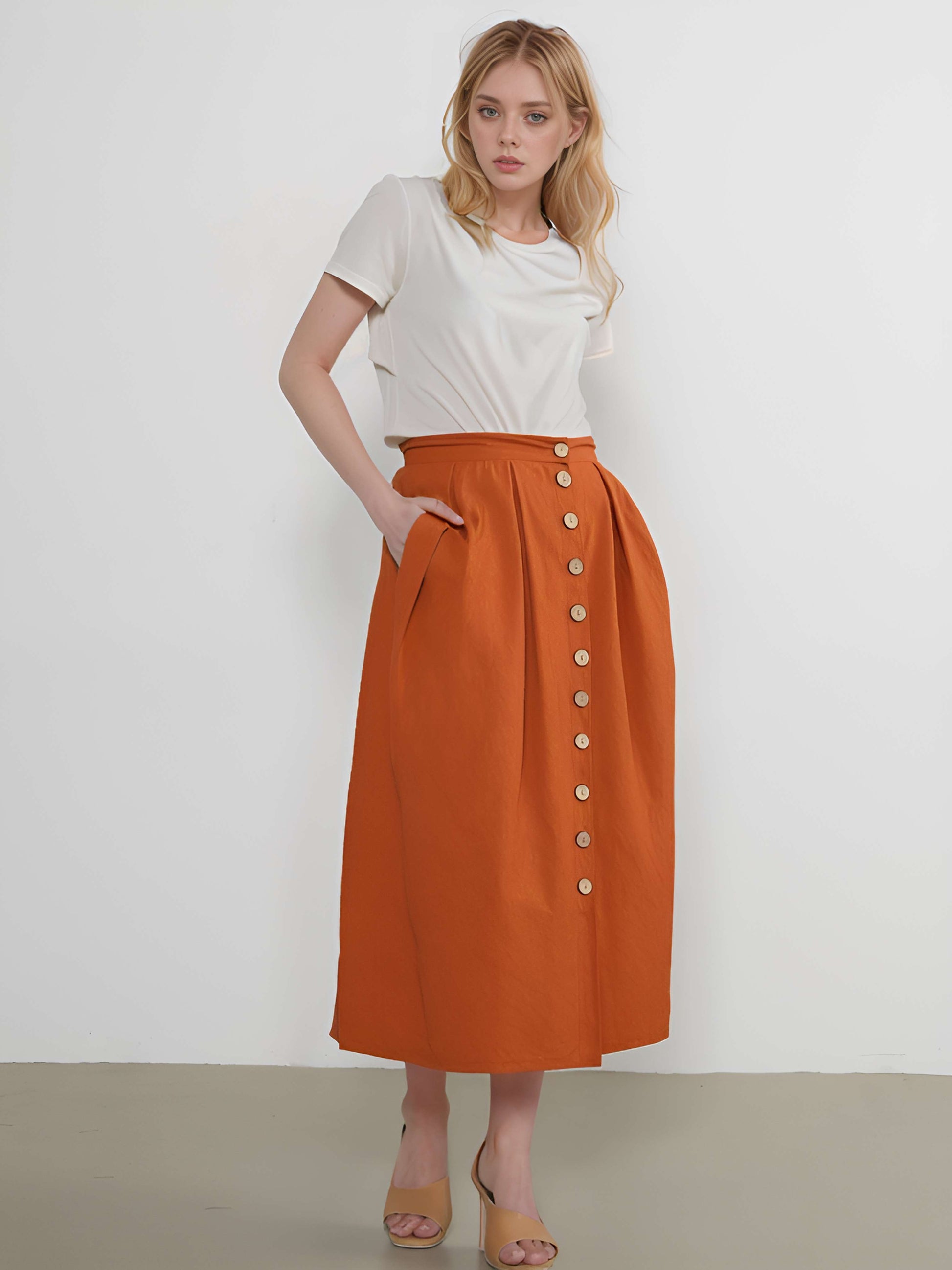 Button Linen Maxi Skirt CALAIS Pleated Flowy