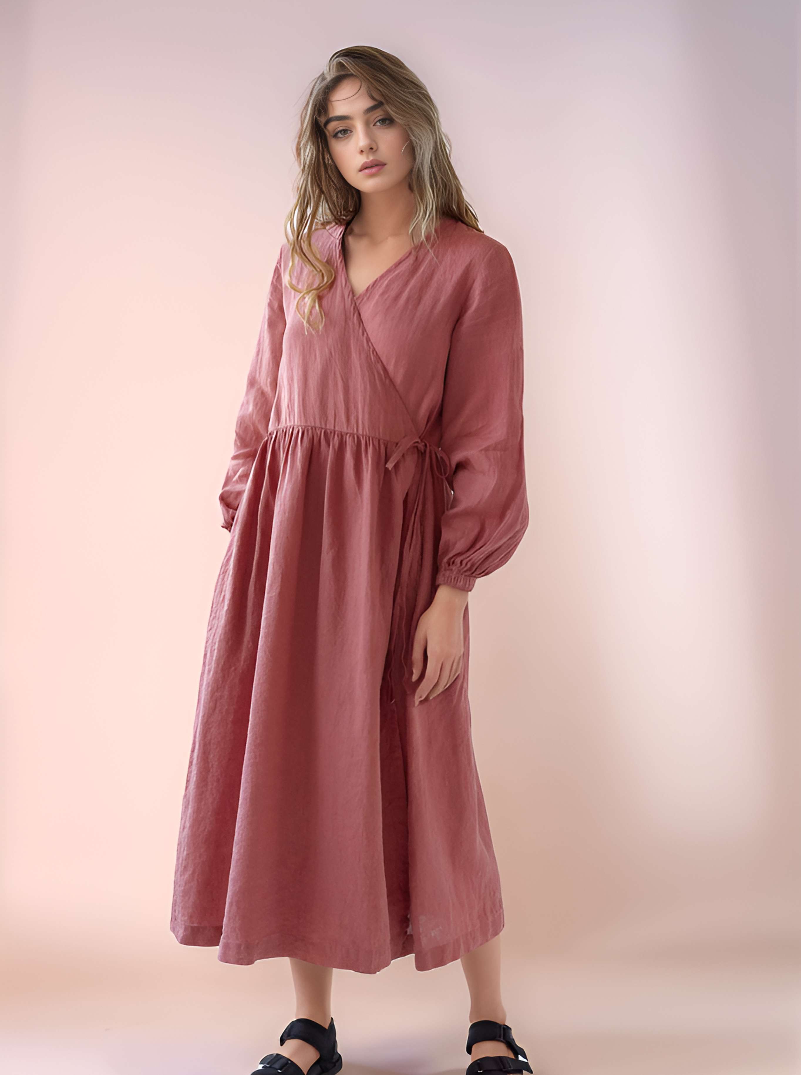 Casual Wrap Linen Dress GENEVA with Waist Tie