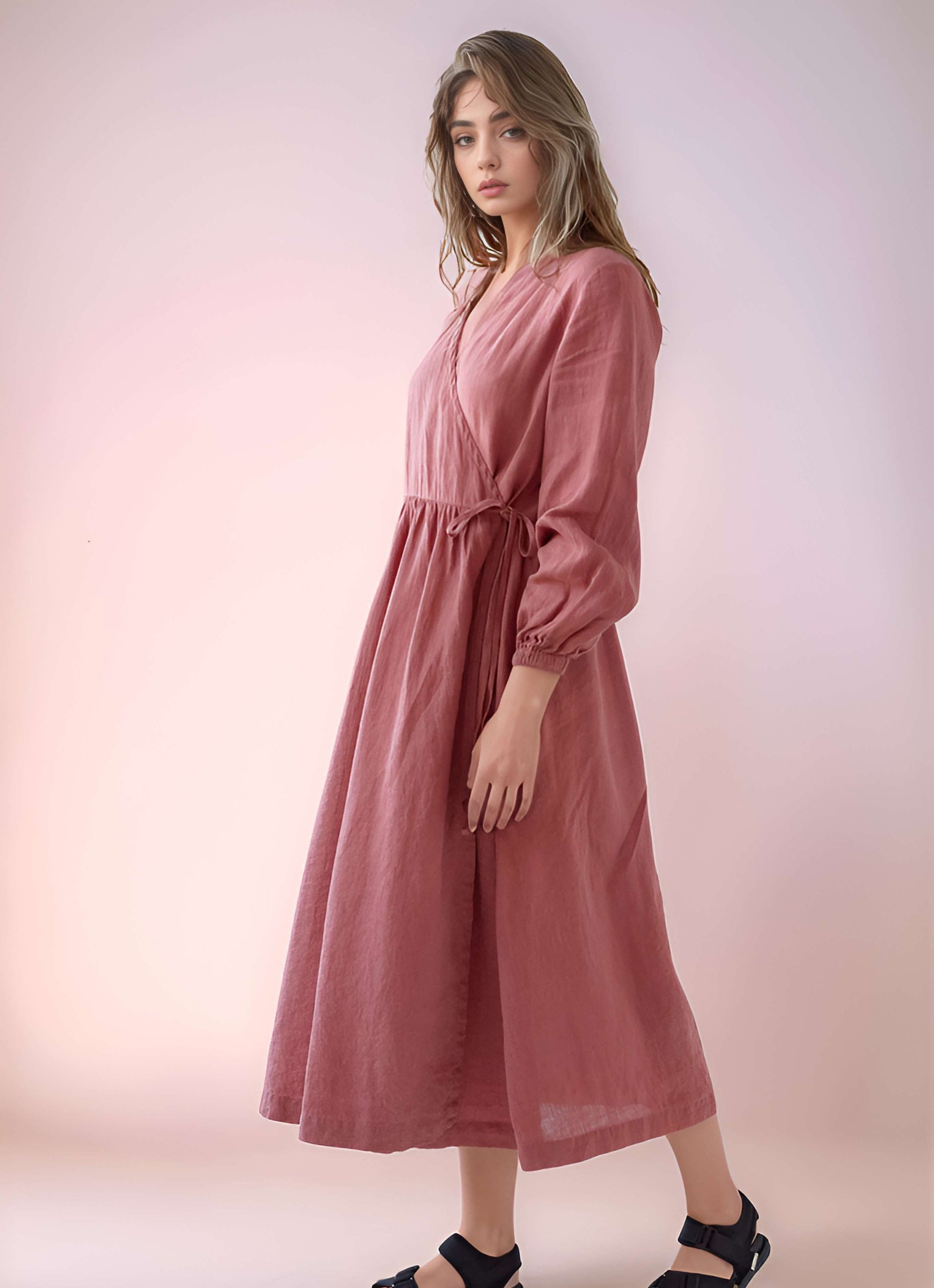 Casual Wrap Linen Dress GENEVA with Waist Tie