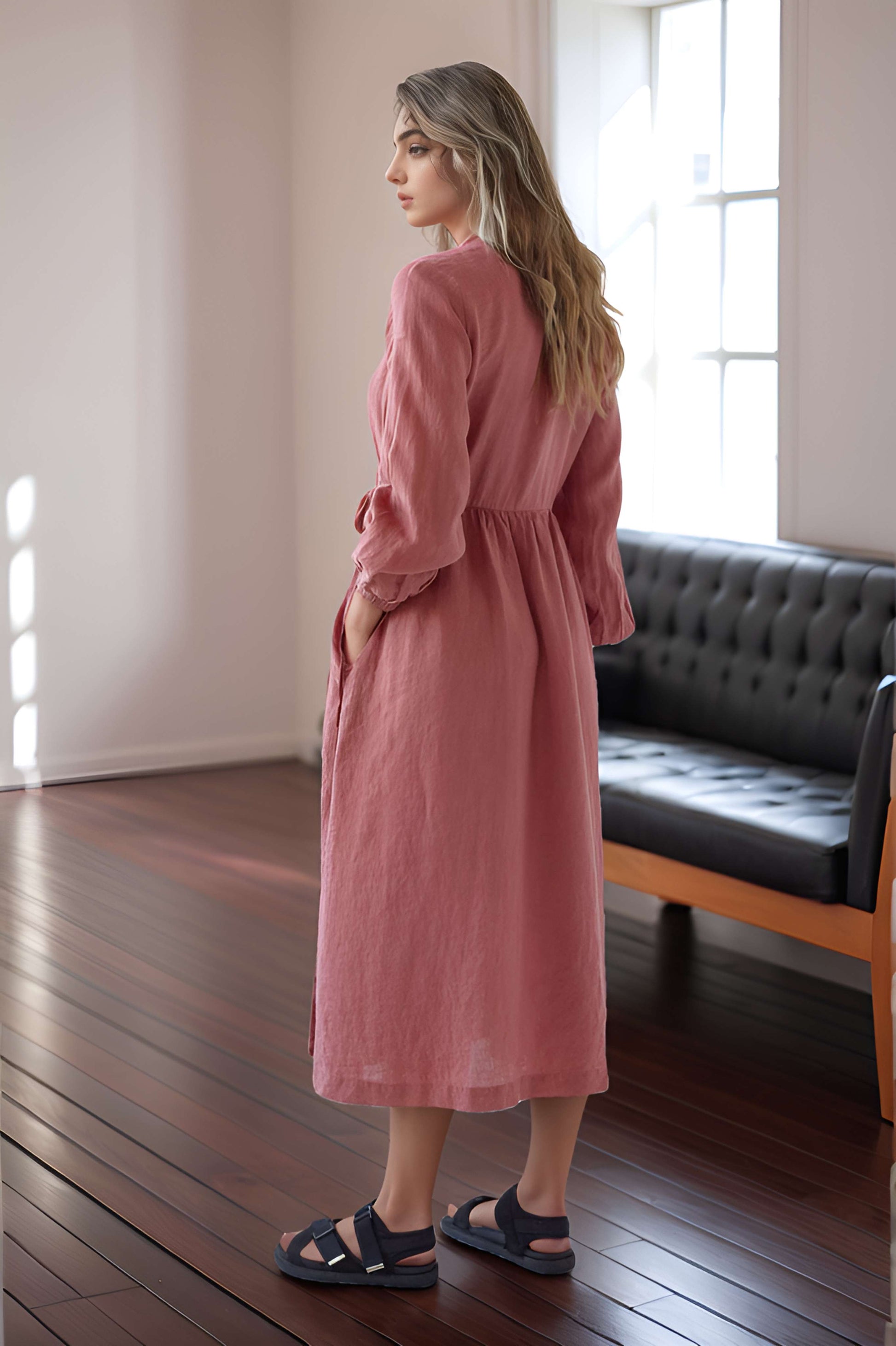 Casual Wrap Linen Dress GENEVA with Waist Tie