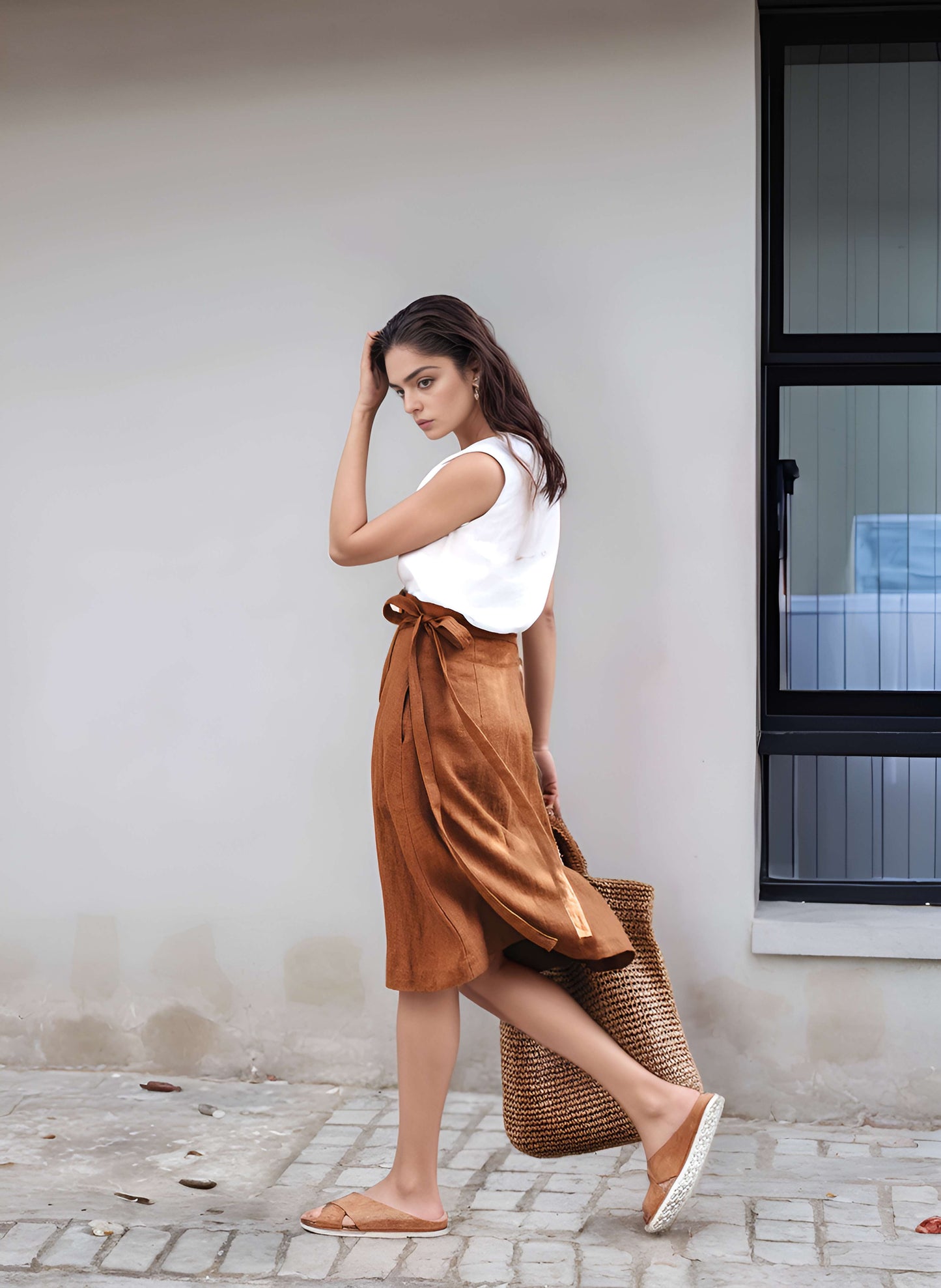 Cinnamon A-Line Linen Midi Skirt CAEN for Summer