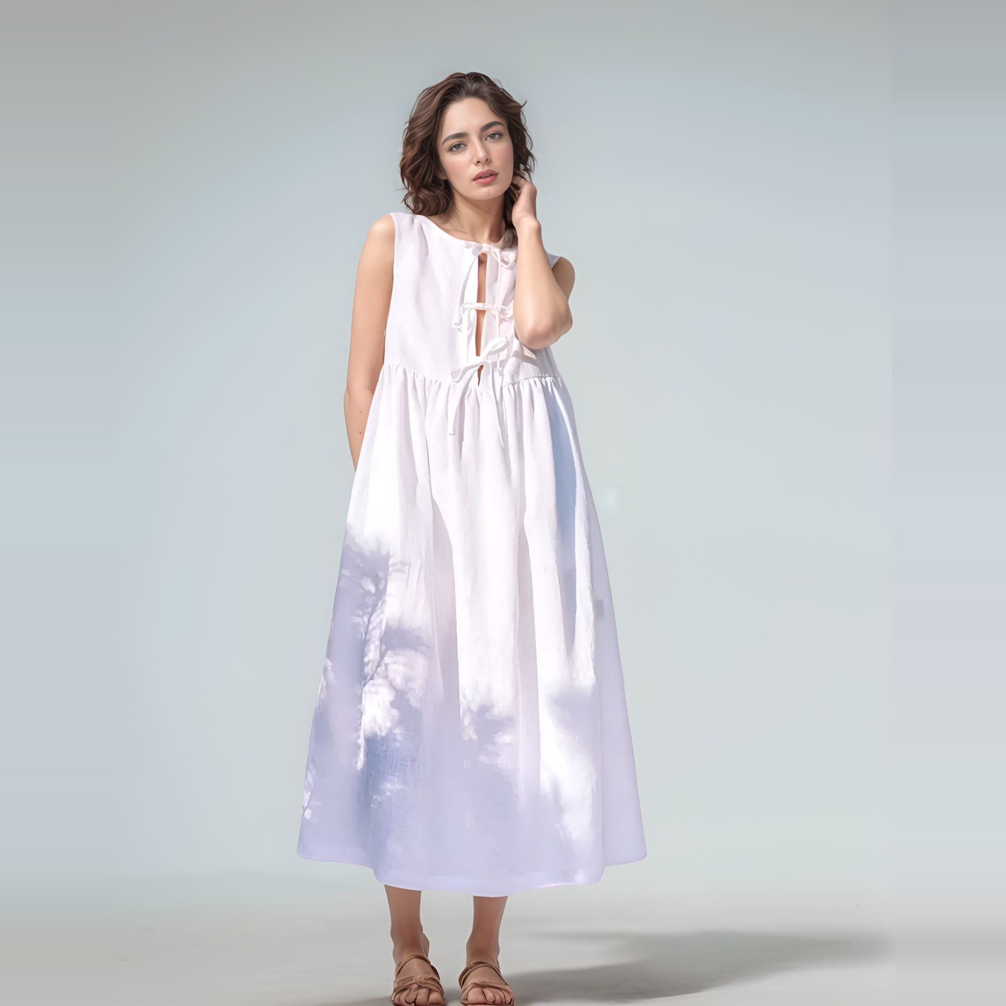 Cottagecore Linen Tie-Front Maxi Dress SANTORINI