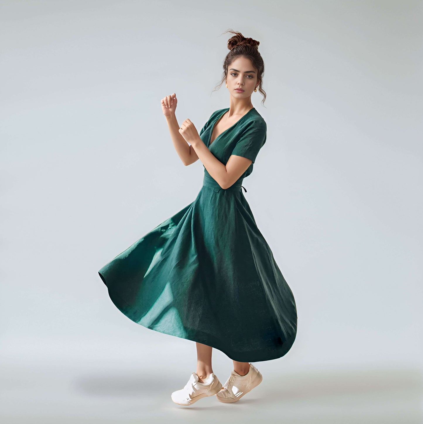 Deep Green Belted Linen Wrap Dress NICE with Pockets