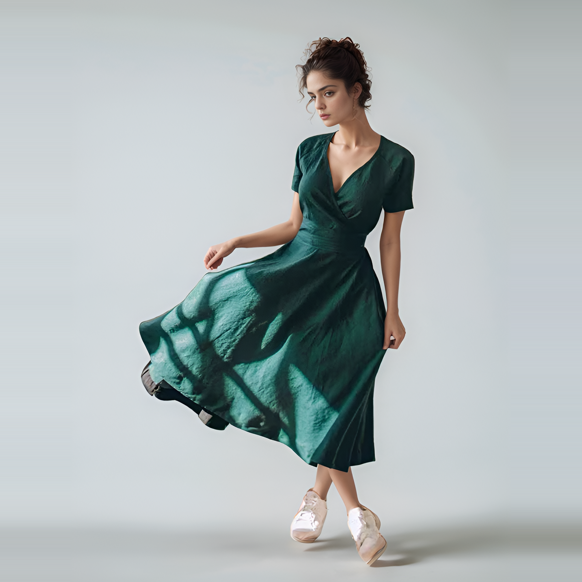Deep Green Belted Linen Wrap Dress NICE with Pockets