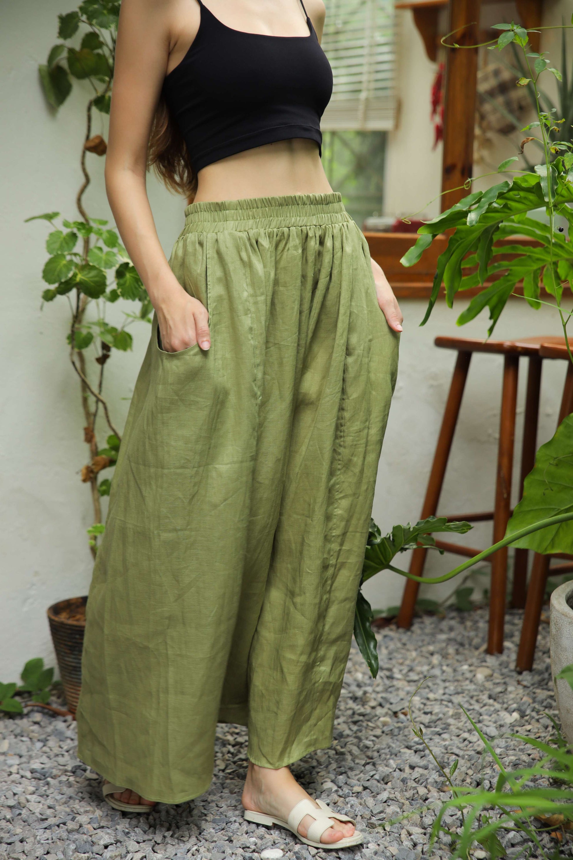 Elastic Waist Midi Linen Skirt METZ with Pockets for Women