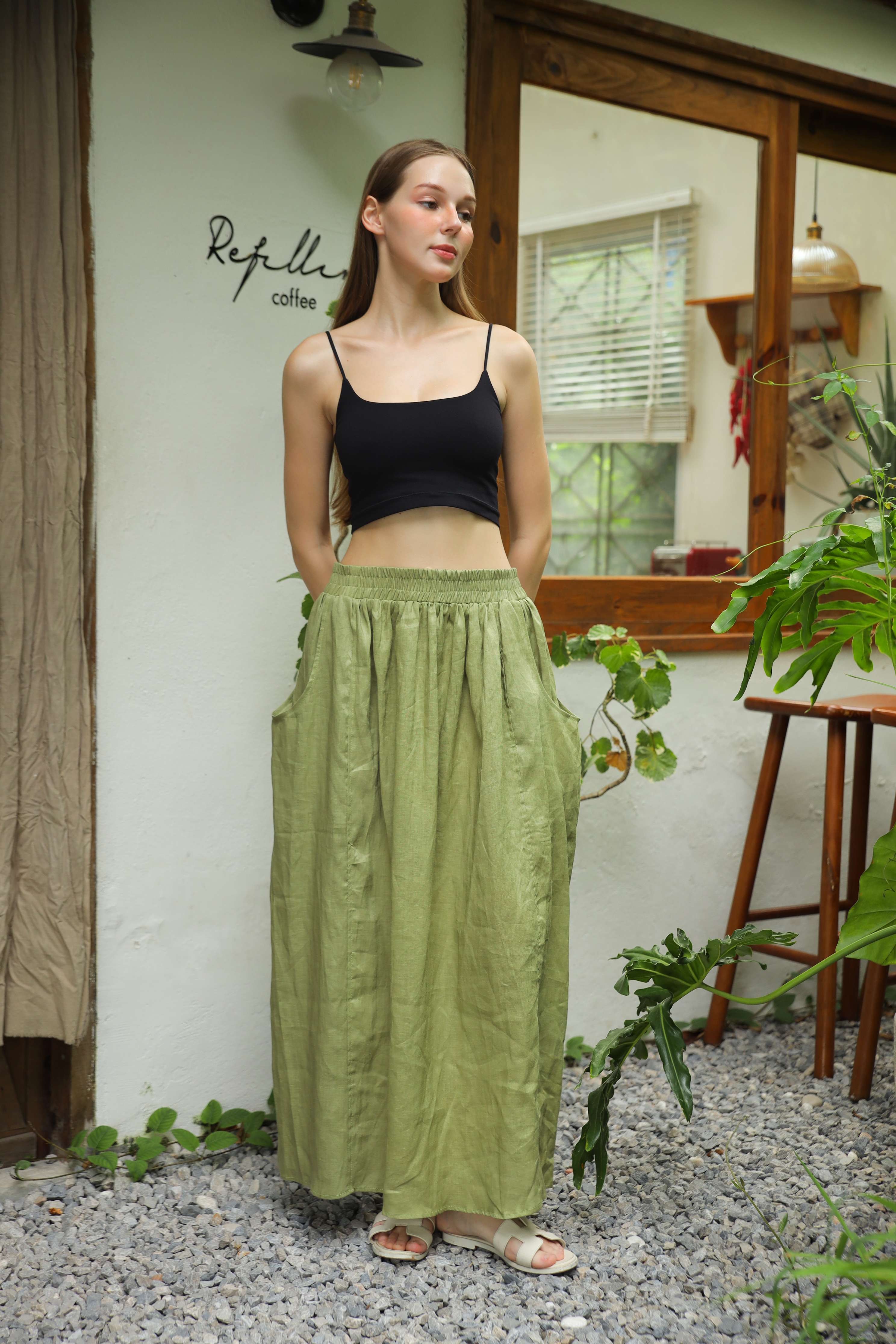 Elastic Waist Midi Linen Skirt METZ with Pockets for Women