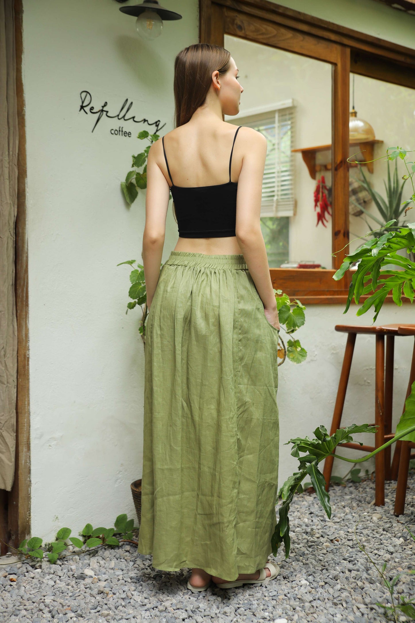 Elastic Waist Midi Linen Skirt METZ with Pockets for Women