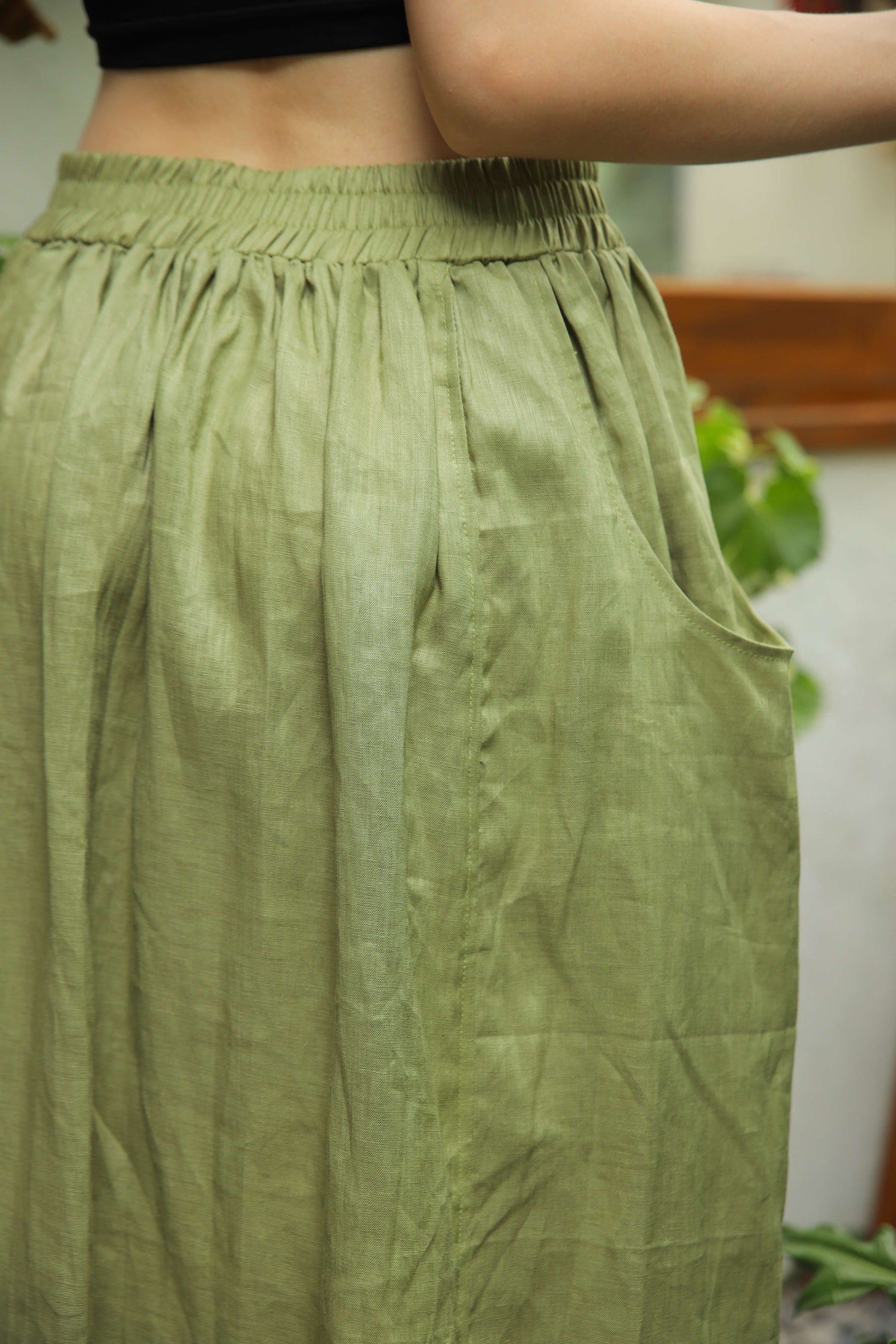 Elastic Waist Midi Linen Skirt METZ with Pockets for Women