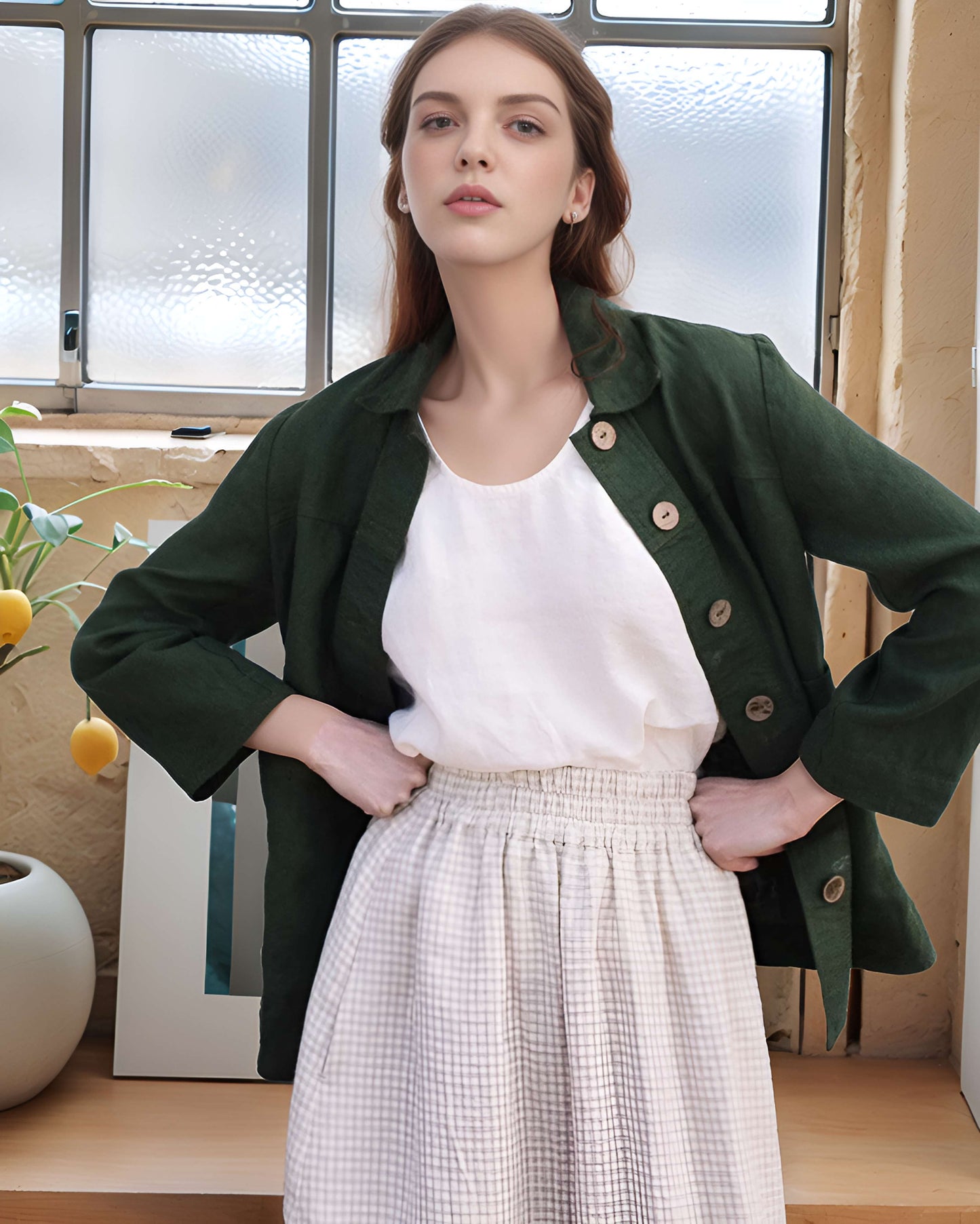 Elastic Waist Midi Linen Skirt NANCY for Summer